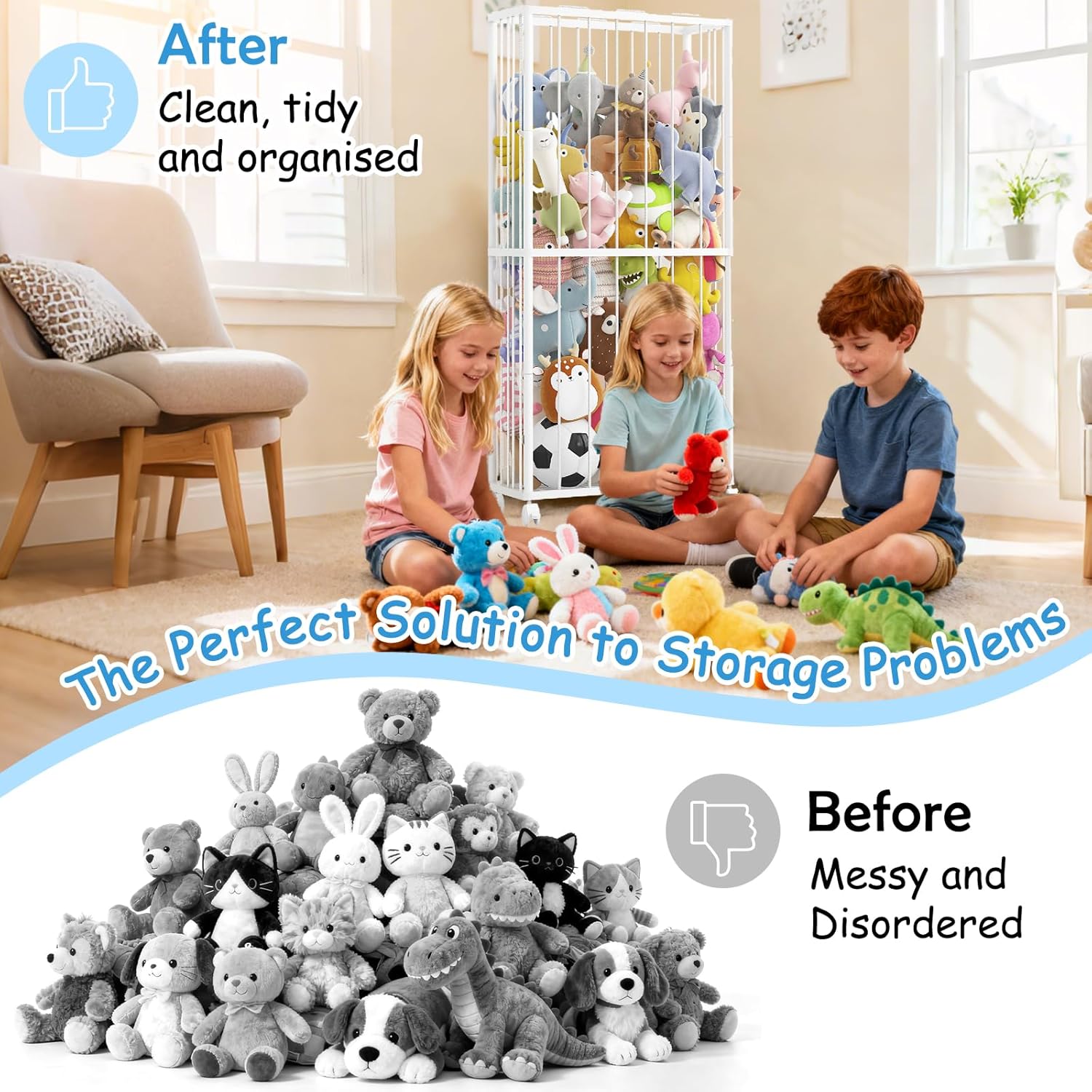 Fixwal Stuffed Animal Storage Zoo Metal Tube Extra Large Plushies Storage Stuffed Animals Holder Kids Toy Organizers and Storage with Elastic Band and Net for Playroom Bedroom White 61 x 23.6 x 16.5 - Image 4