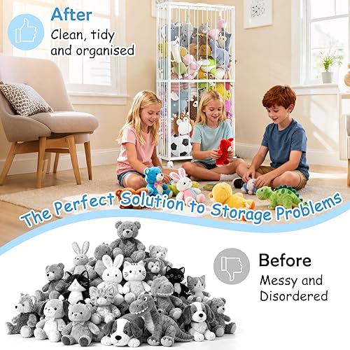 Miniatura 4 de Fixwal Tubo de metal para almacenamiento de animales de peluche, extra grande, organizador de juguetes para niños, con banda elástica y red, 61 x