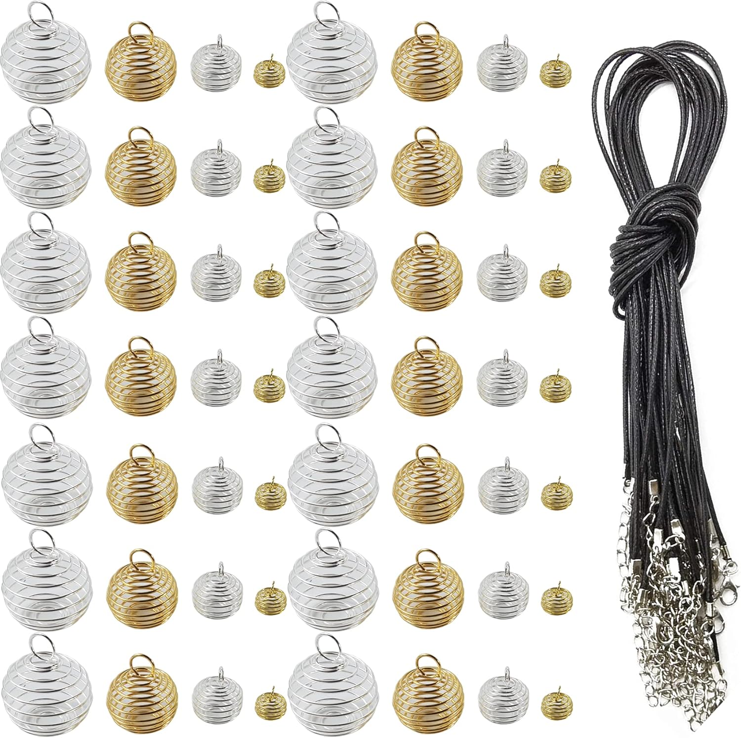 60PCS Spiral Bead Cages Pendants with 60PCS Chains Silver Plated for Jewelry Making Crafting Findings(8mm,14mm,20mm,25mm)