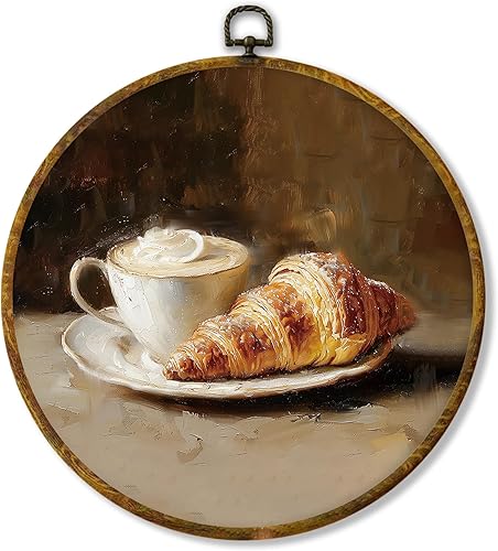 shiviody Lienzo decorativo para pared de taza de té y café, decoración de pared de cafetería, brunch francés vintage, pan y té, marco redondo para