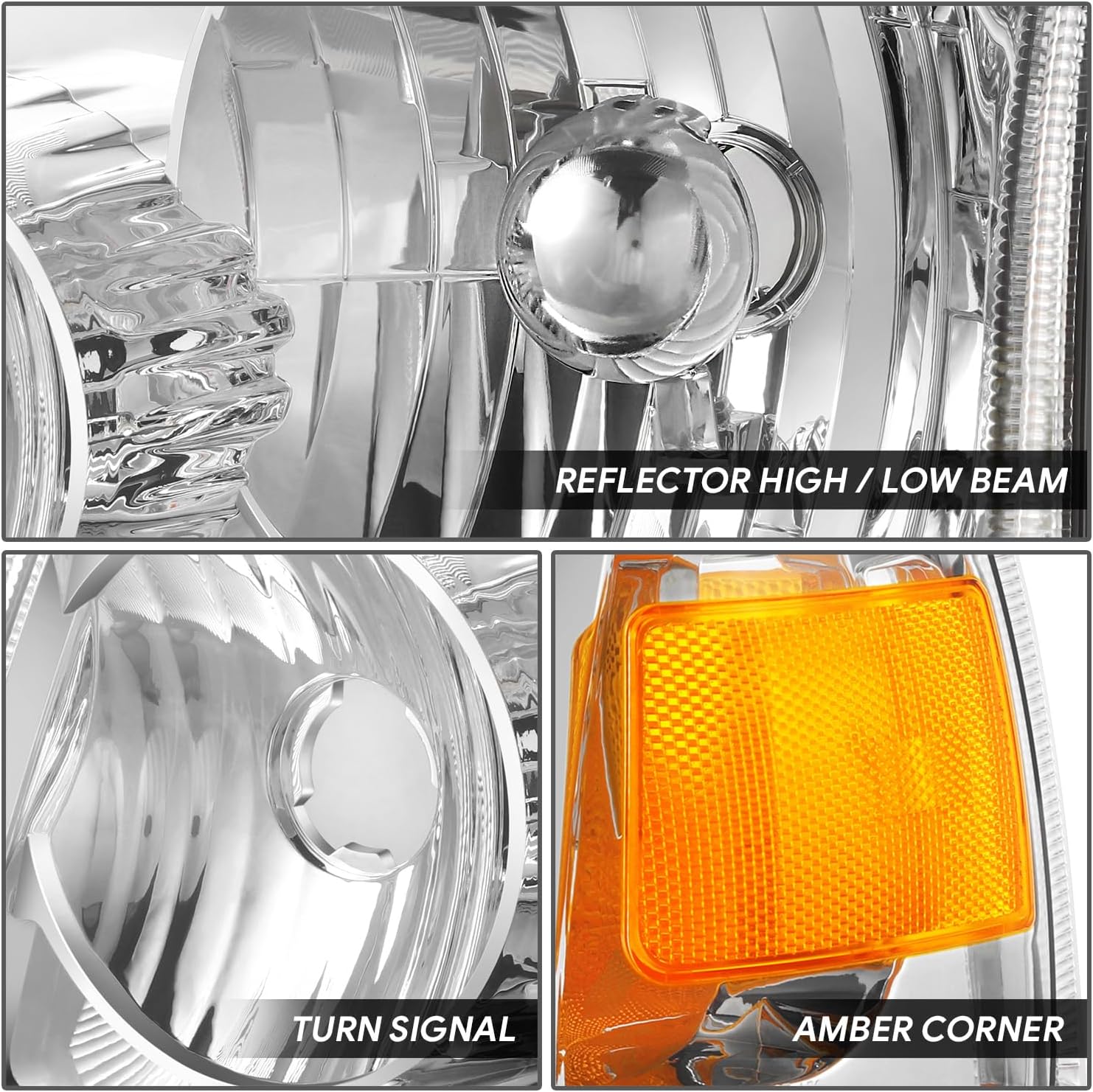 DNA MOTORING Pair of Headlight Assemblies Compatible With Ranger 2006-2011, Halogen, Chrome/partial amber side markers, OEM-HL-0244