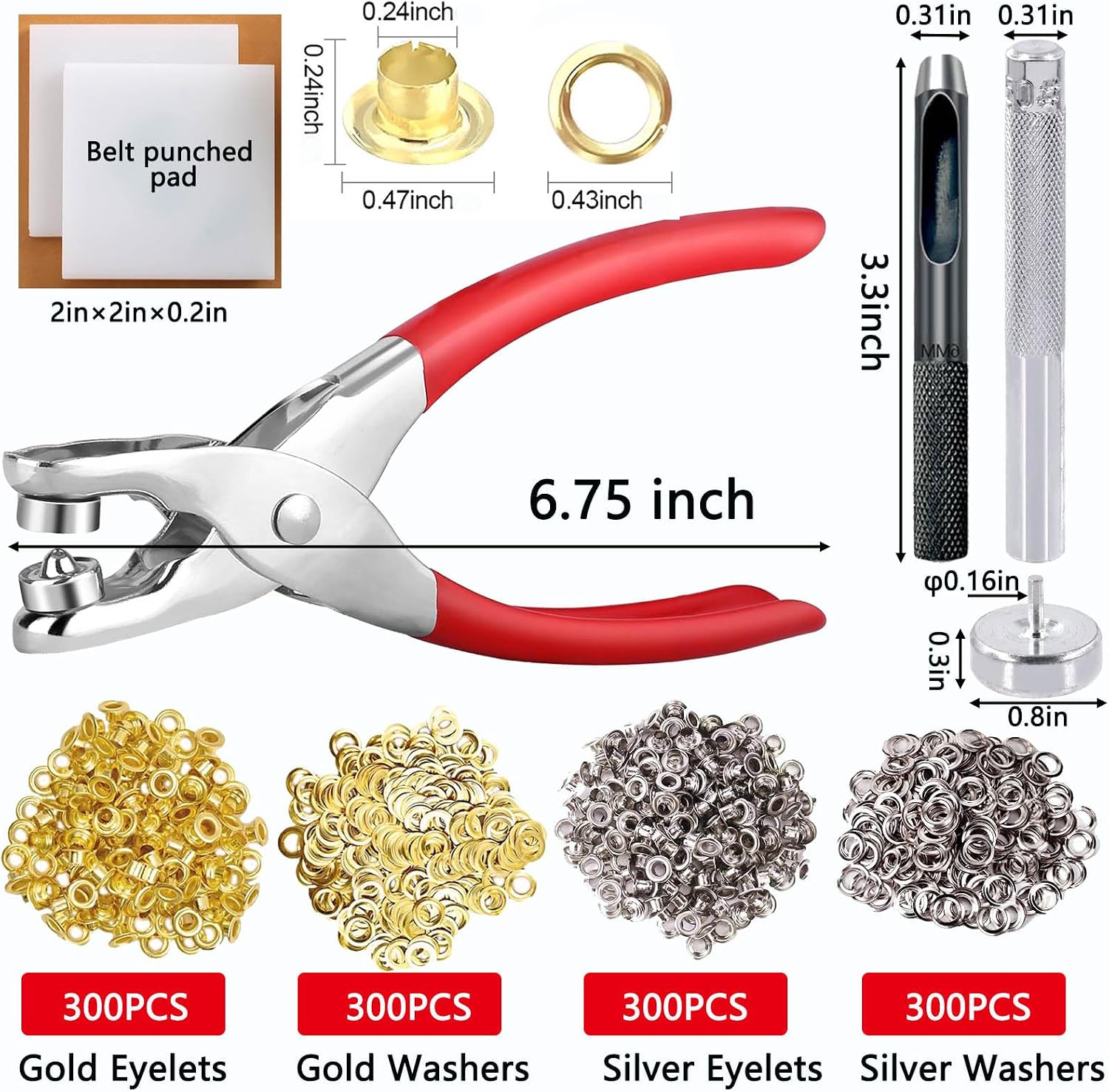 Eyelets Grommet Tool Kit, 1205 Pieces, 1/4 Inch Gold and Silver Eyelets with Washers,Two Set of Installation Tools, Pliers,Hole Punch and Punched padand for Leather, Belt, Shoes, Crafts