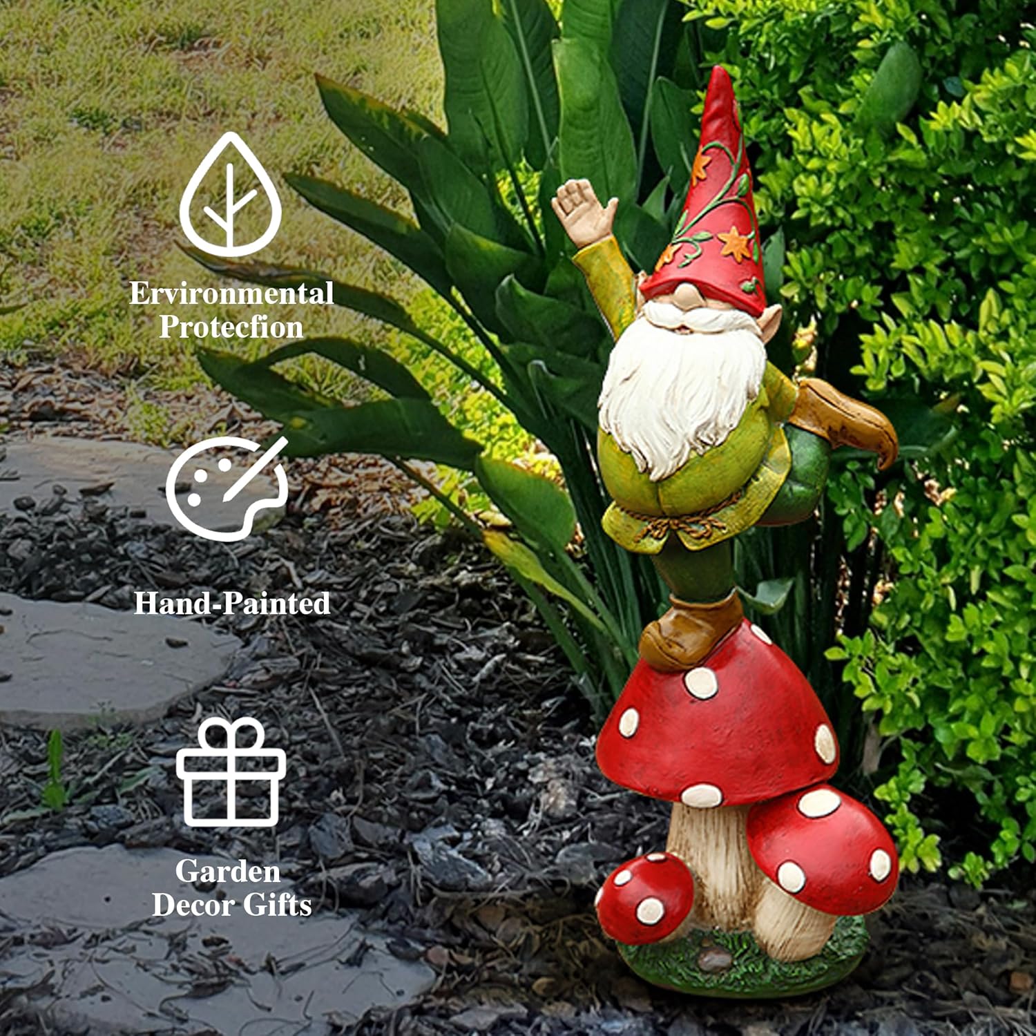 DUSVALLY Gnomes Statue and Garden Resin Statue Dwarf Standing on Mushroom, Outdoor Decoration for Patio Yard Lawn Porch, Spring Decor Housewarming 13" H