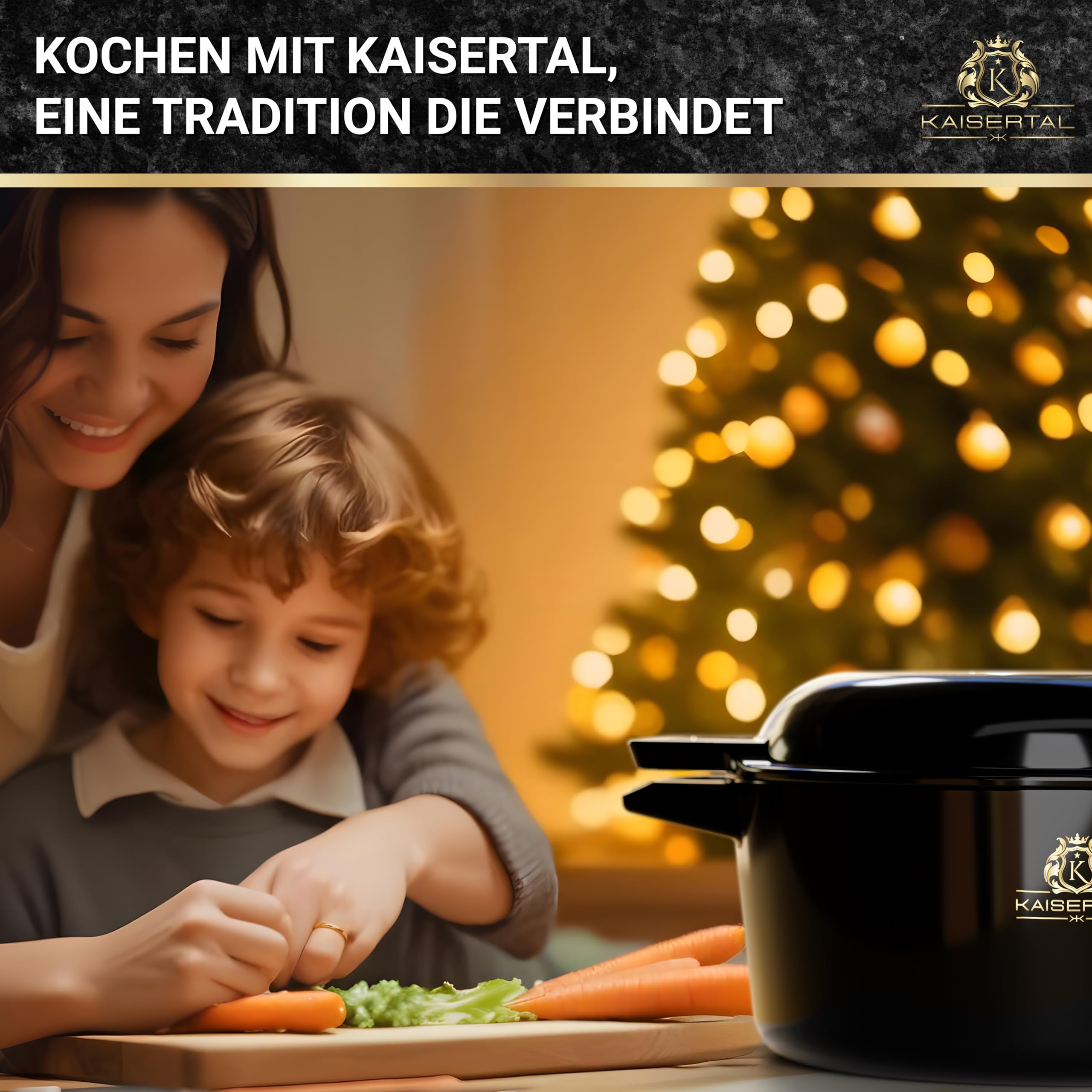 KAISERTAL Emaillierter Gusseisen Topf – 2in1 Bräter mit Deckel 4,8L & Gusspfanne 1,8L – Schmortopf mit Deckel & Gusseisen Bräter – Brotbacktopf Bratentopf Outdoor Induktion Bräterset inkl. Rezeptbuch