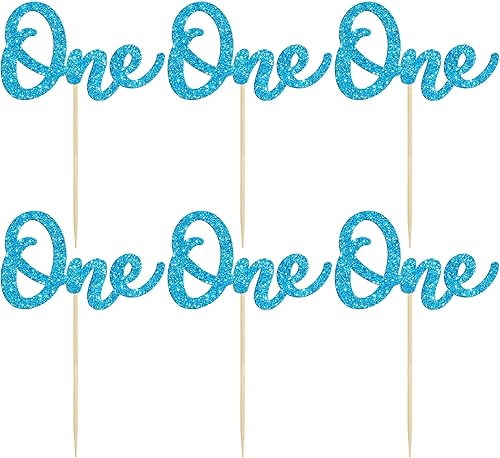 Miniatura 3 de Gyufise 24 piezas de decoración de cupcakes con purpurina azul claro para primer cumpleaños para niños, baby shower, 1er cumpleaños, decoración de