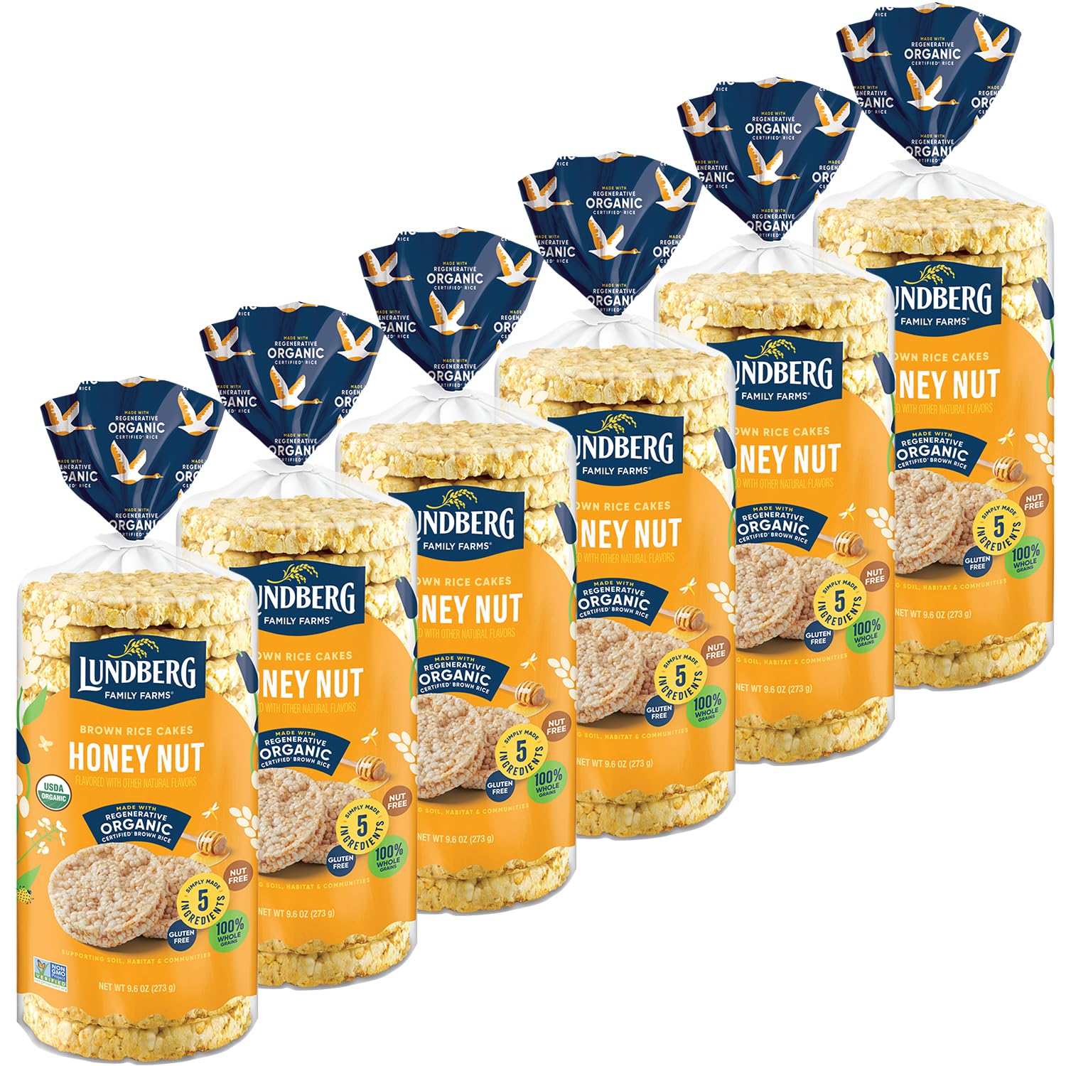 Lundberg Rice Cakes, Organic Honey Nut, 6-Pack – Regenerative Organic Certified Rice Cakes, Healthy Snacks, Gluten-Free & Vegan, 9.6 Oz Ea