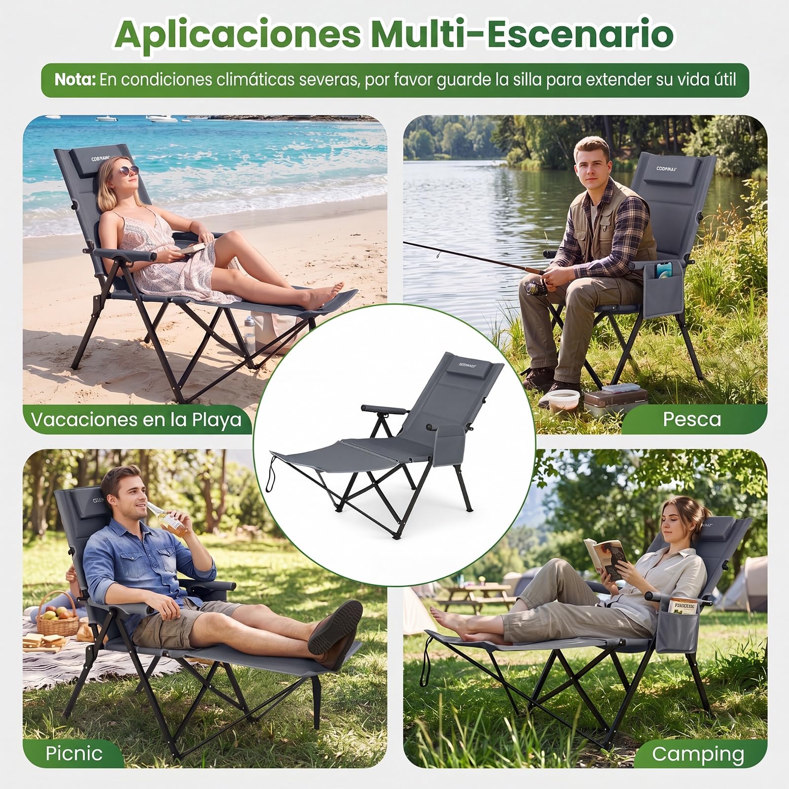 COSTWAY Silla Plegable Camping con Reposapiés Desmontable (Gris) | Tumbona Reclinable con Respaldo Ajustable de 4 Niveles, Reposacabezas, Bolsillo Lateral, Bolsa de Transporte, Jardin Playa Pi