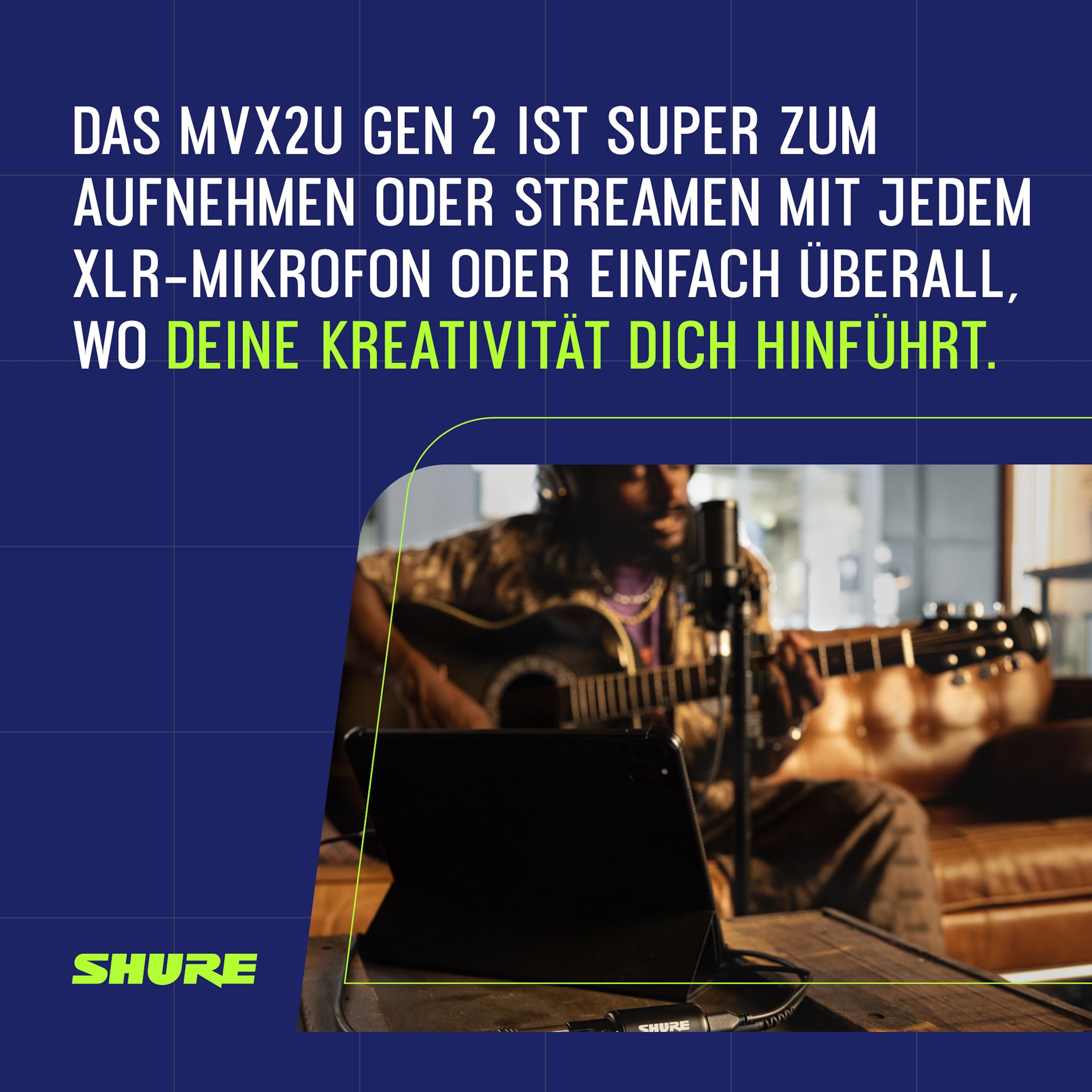 Shure MVX2U Gen 2 Digitales Audiointerface, XLR‑zu‑USB Interface für Mikrofone, für Content Creation und Recording, mit digitaler Audioverarbeitung, kompatibel mit Mac, Windows, iOS & Android‑Geräten