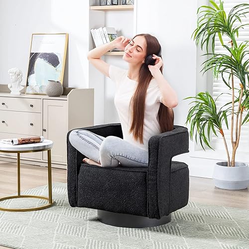 Miniatura 7 de ODUWA Silla giratoria de barril de 26 pulgadas de ancho, moderna silla redonda con brazo Boucle con base negra, tapizada, cómoda, giratoria de 360