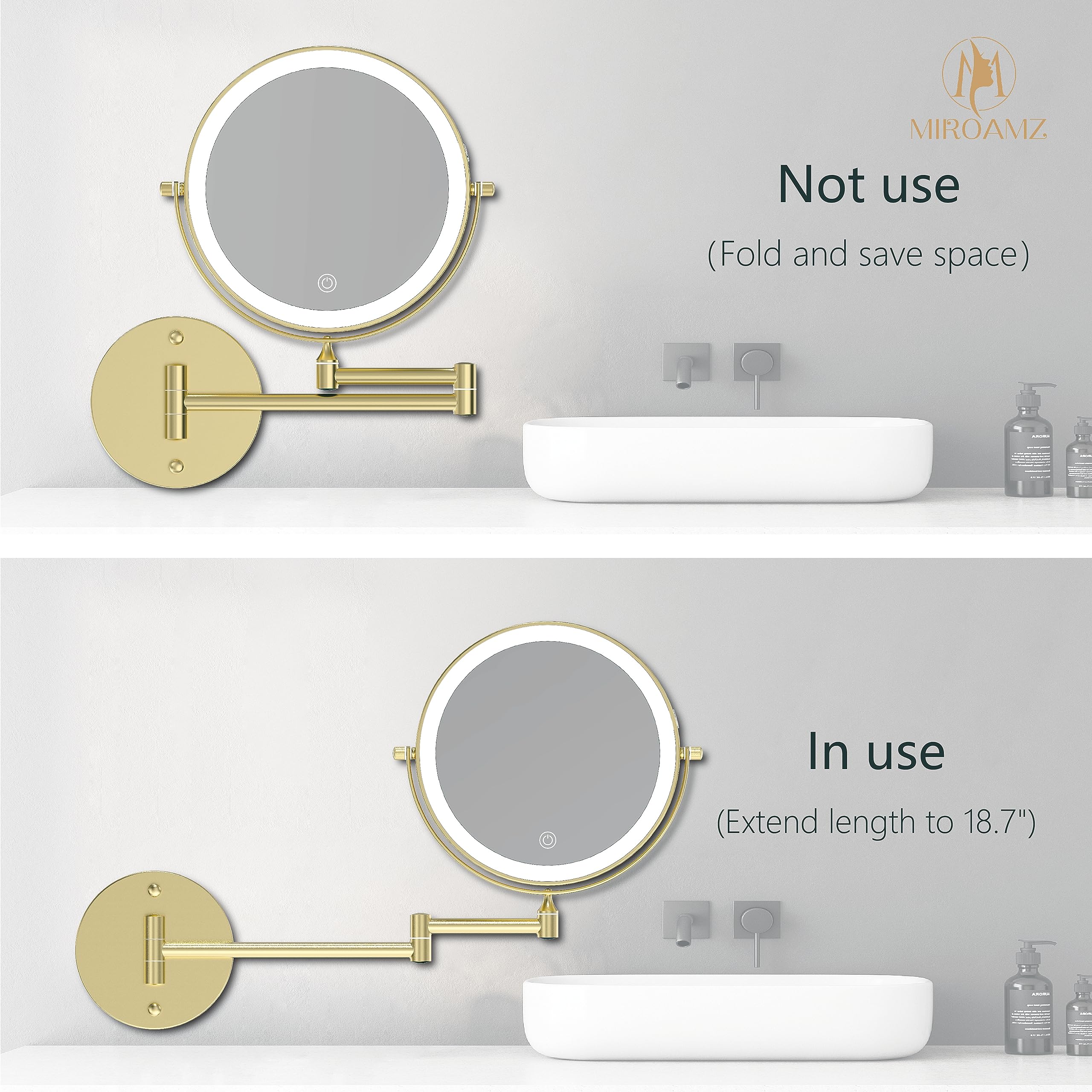 Wandmontierter beleuchteter Make-up-Spiegel, Nickel, 20,3 cm, doppelseitiger LED-Schminkspiegel, 1X/10-fache Vergrößerung, 3 Farblichter, Touchscreen, dimmbar, 360° schwenkbar, 33 cm