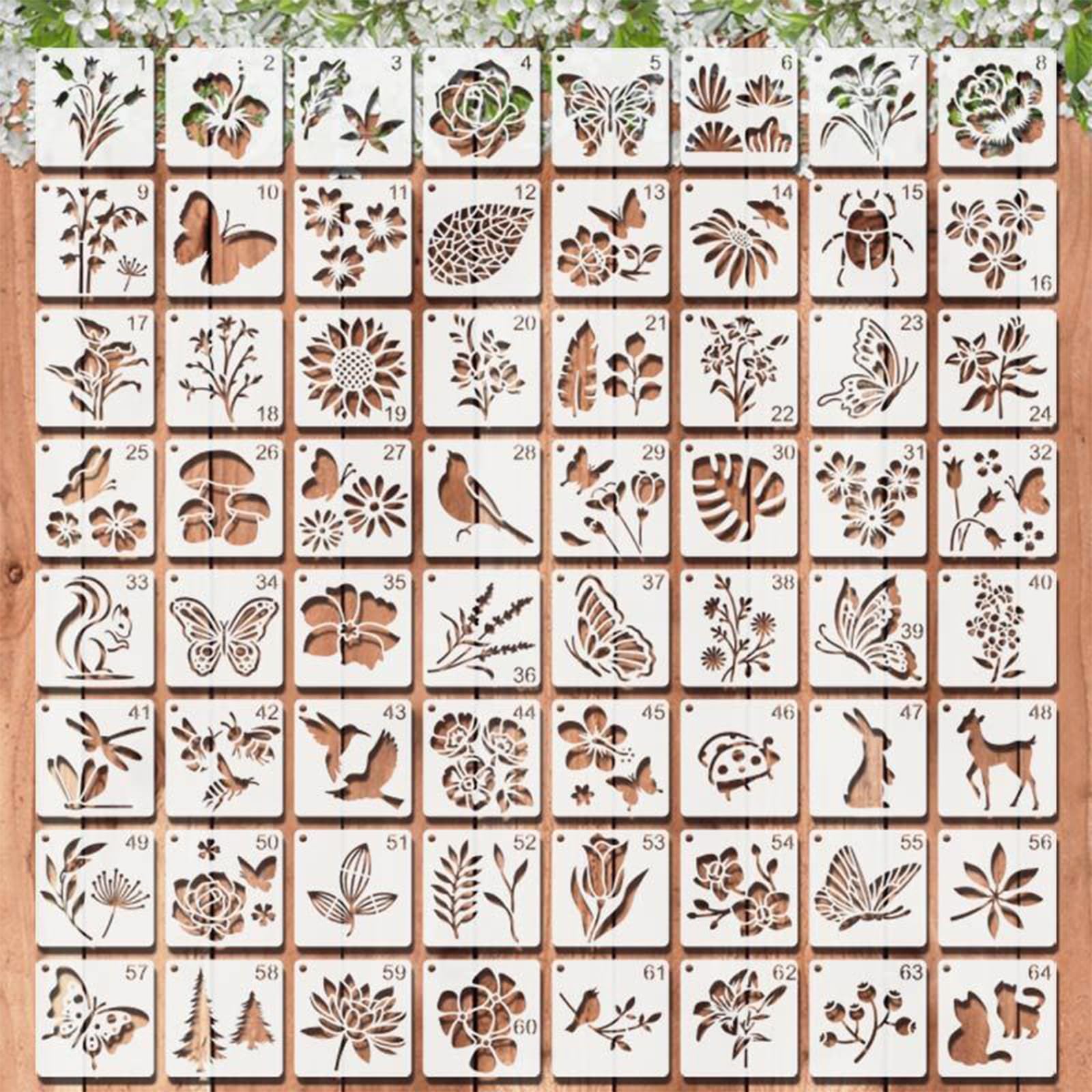 64 Pcs Animals and Plants Stencils Set,7.6CM Reusable Painting Stencils for DIY Furniture, Wood, Floor, Scrapbooking