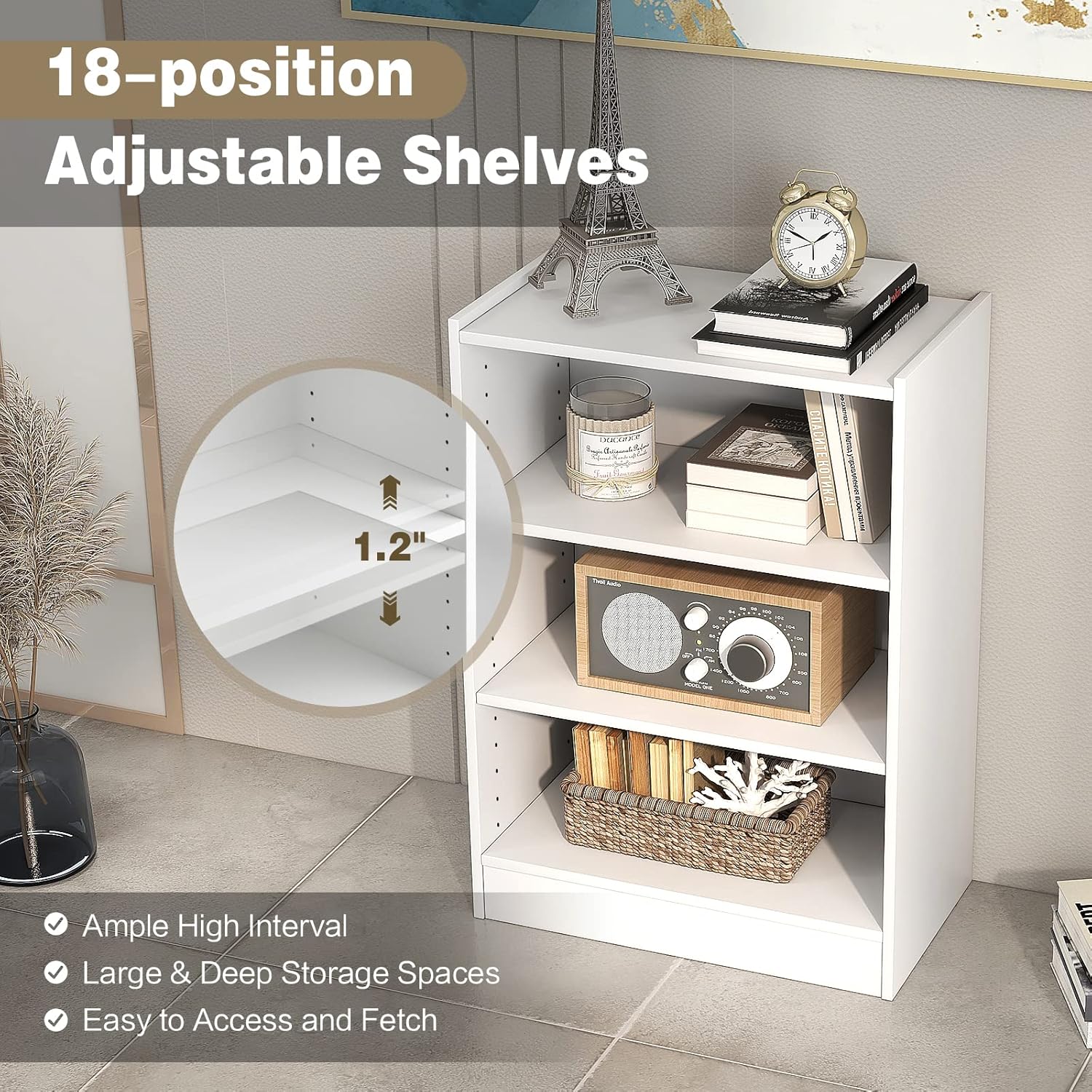 Moccha 3-Tier Bookshelf, Modern 3 Cube Bookcase with Adjustable Shelves, Anti-Tipping Device, Freestanding Open Book Shelf, Wood Cube Storage Organizer for Kid’s Room, Living Room, Bedroom (White)