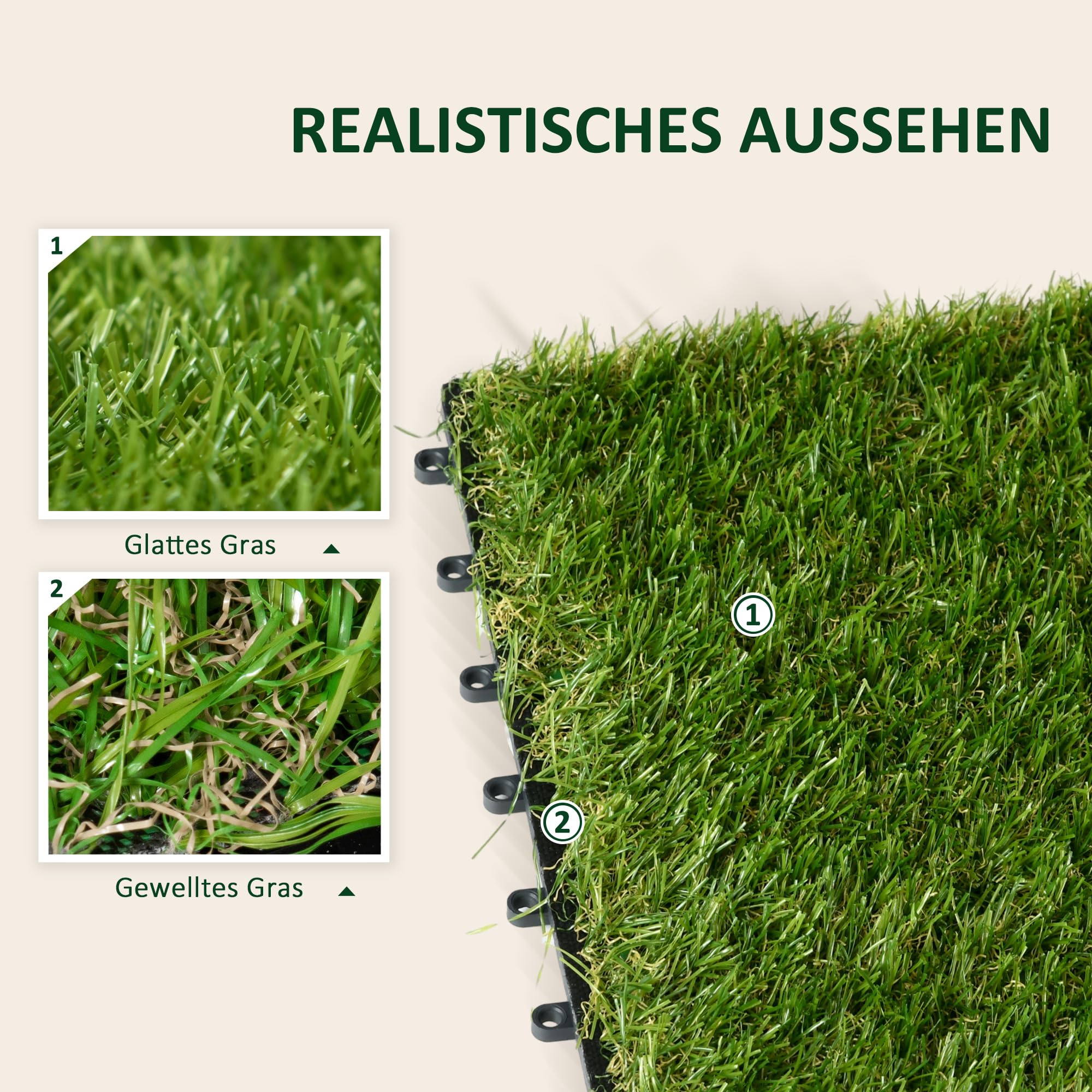 Outsunny Kunstrasen 10 Stücke wetterfest Rasenteppich 25mm Outdoor Kunstrasenteppich Balkonteppich für Garten Balkon Terrasse 30 x 30cm Dunkelgrün