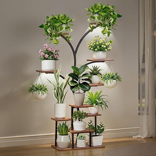 VECELO Soporte para plantas con luz de crecimiento, estante para plantas de 10 niveles con LED de espectro completo, marco de metal y estantes de