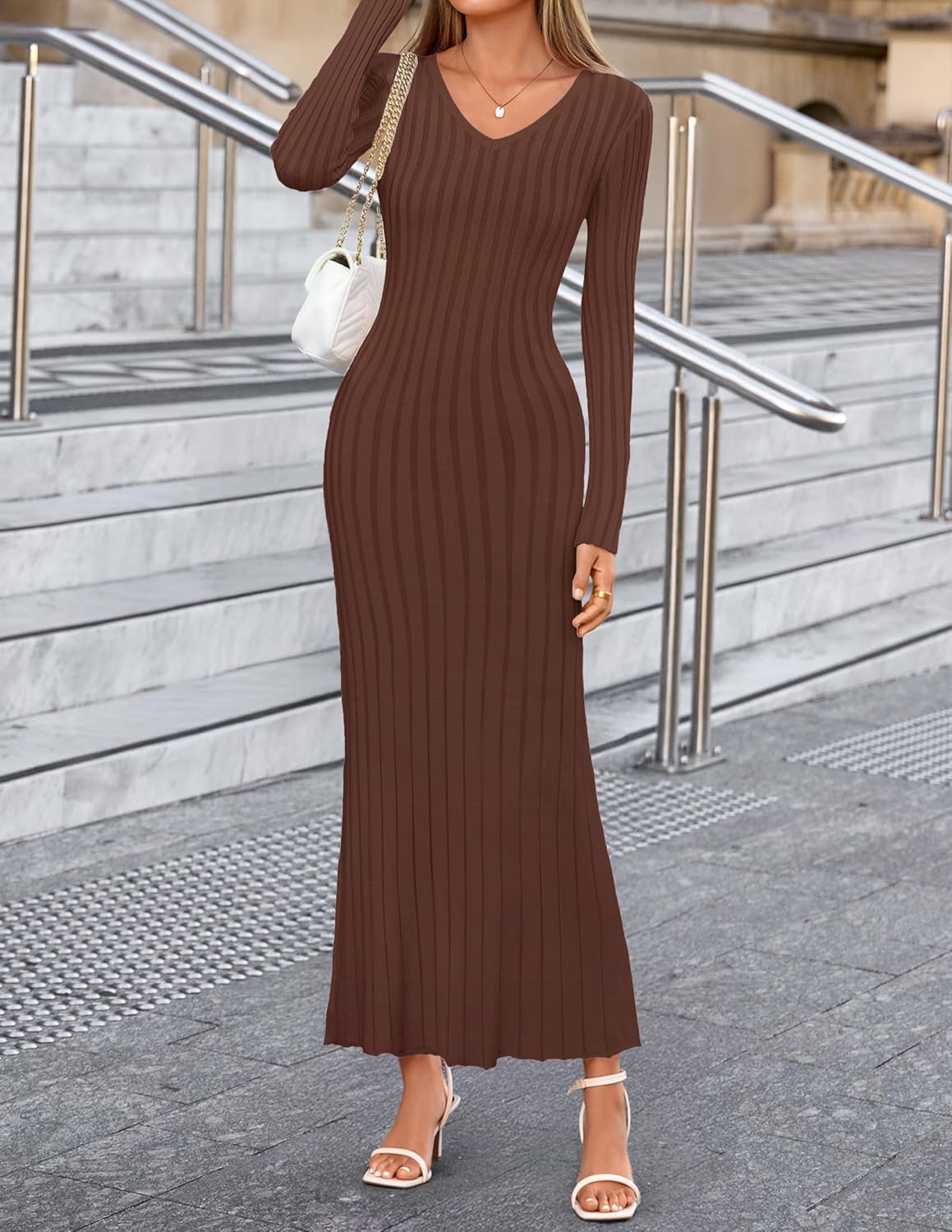 ZESICA Women's 2026 Spring Sweater Dress Long Sleeve V Neck Ribbed Knit Party Cocktail Bodycon Maxi Dresses - Image 8