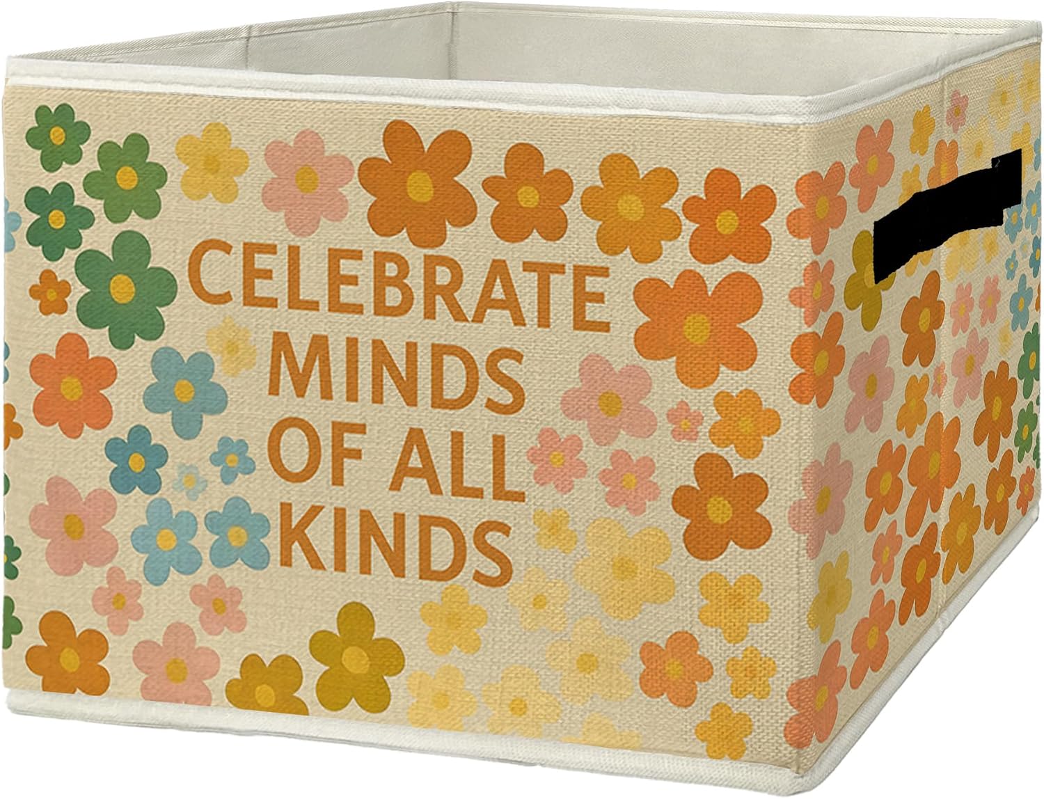 Boho Floral Storage Bins & Boxes with Handles, Mental Health Foldable Basket for Organizing, Celebrate Minds of All Kinds Collapsible Storage Basket for Therapy Counselor Office Toys Books