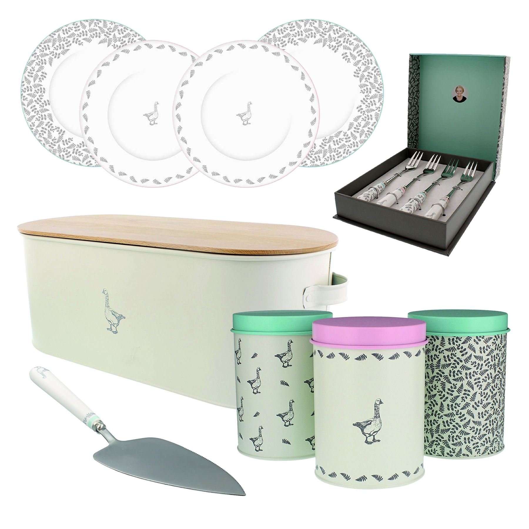 Mary Berry Collection® Jumbo Kitchenware Accessory Set: Bread Bin, 3PC Storage Tin, 4PC Cake Plates, 4PC Cake Forks & Cake Slice Knife - Decorative Vintage Style Goose & Fern Mary Berry Accessories