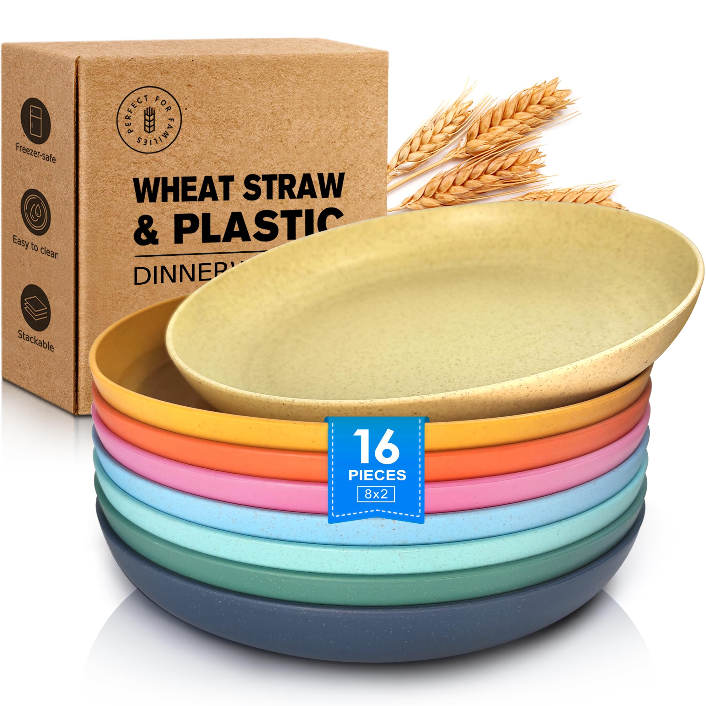 Teivio 16-Piece Wheat Straw Plates,9.8'' Reusable Unbreakable Deep Dinner Plate,Dishwasher Safe,Salad Plates,Dessert Plate,Kids Kitchen Plastic Dinner Plates Set,Service for 16,Multicolor ?