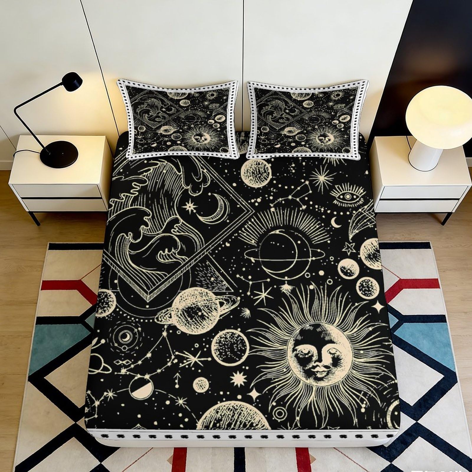 3D Printed Galaxy Starry Sky Fitted Sheet Microfiber Black Sun Moon Cosmic Nebula Mattress Cover Bedroom Decor 120x200x25cm