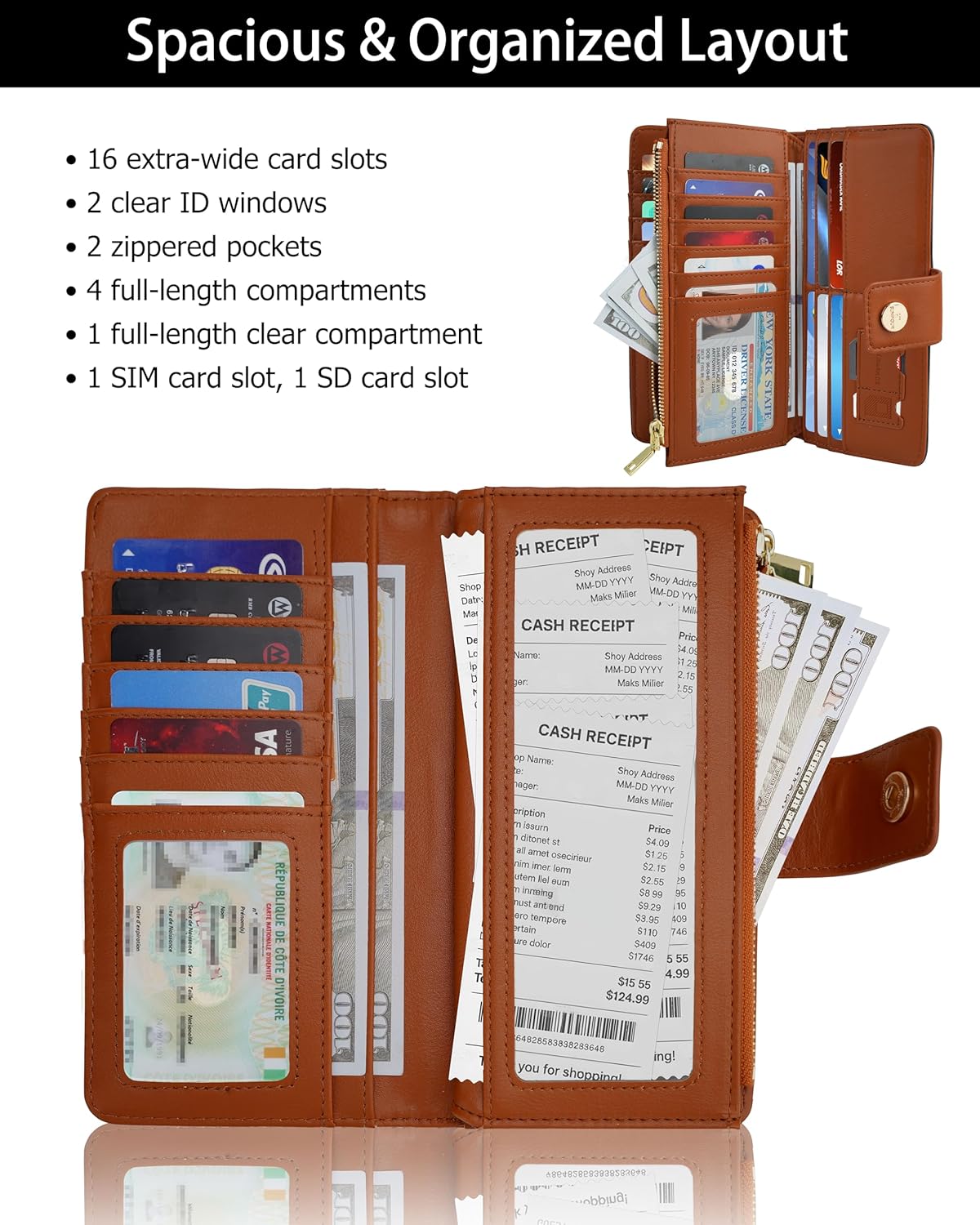 Women Wallet RFID Blocking Trifold Wallet Slim Leather Wallet Large Capacity Credit Card Holder Thin Wallet with Zipper Pocket - Image 3