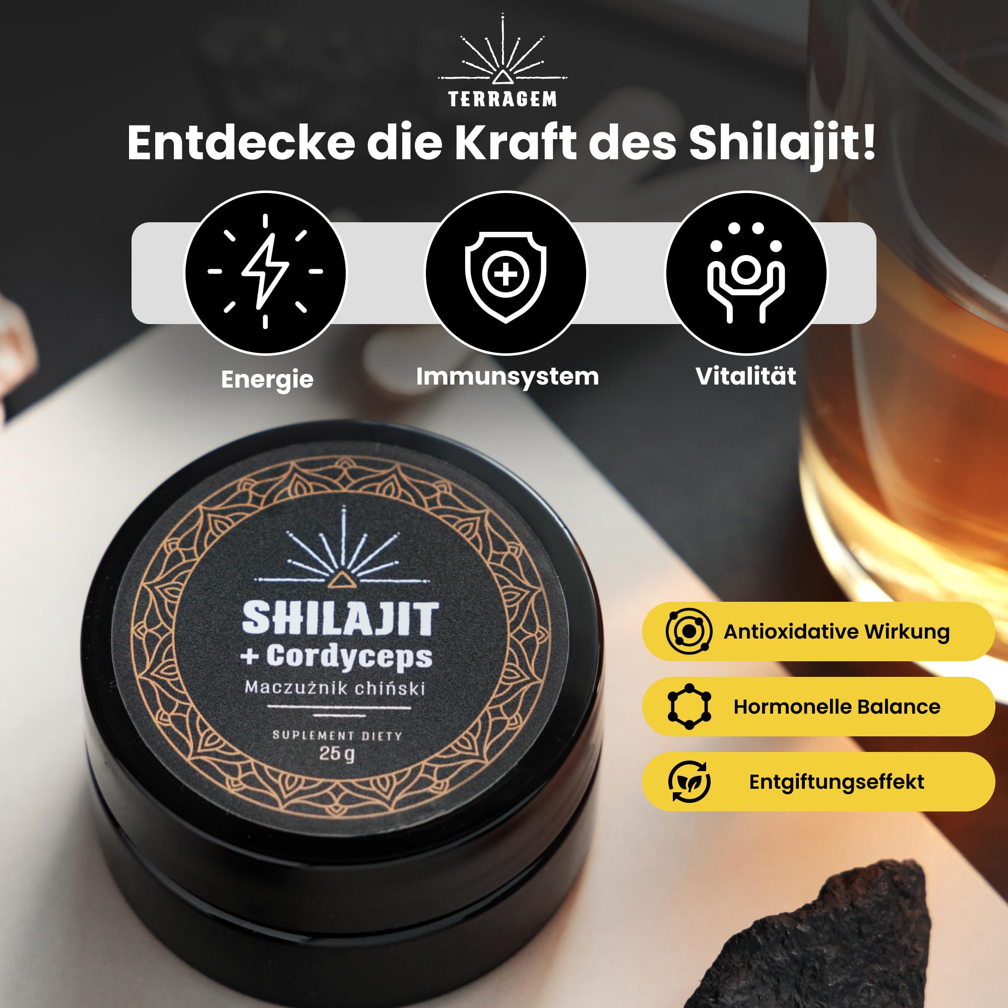 Shilajit - Mumijo - Reich an Mineralien und Nährstoffen, mit Fulvosäure und Huminsäure - von Sammlerfamilien Stammend - Nahrungsergänzungsmittel - Natürlicher Reichtum - Glasdose 50 g
