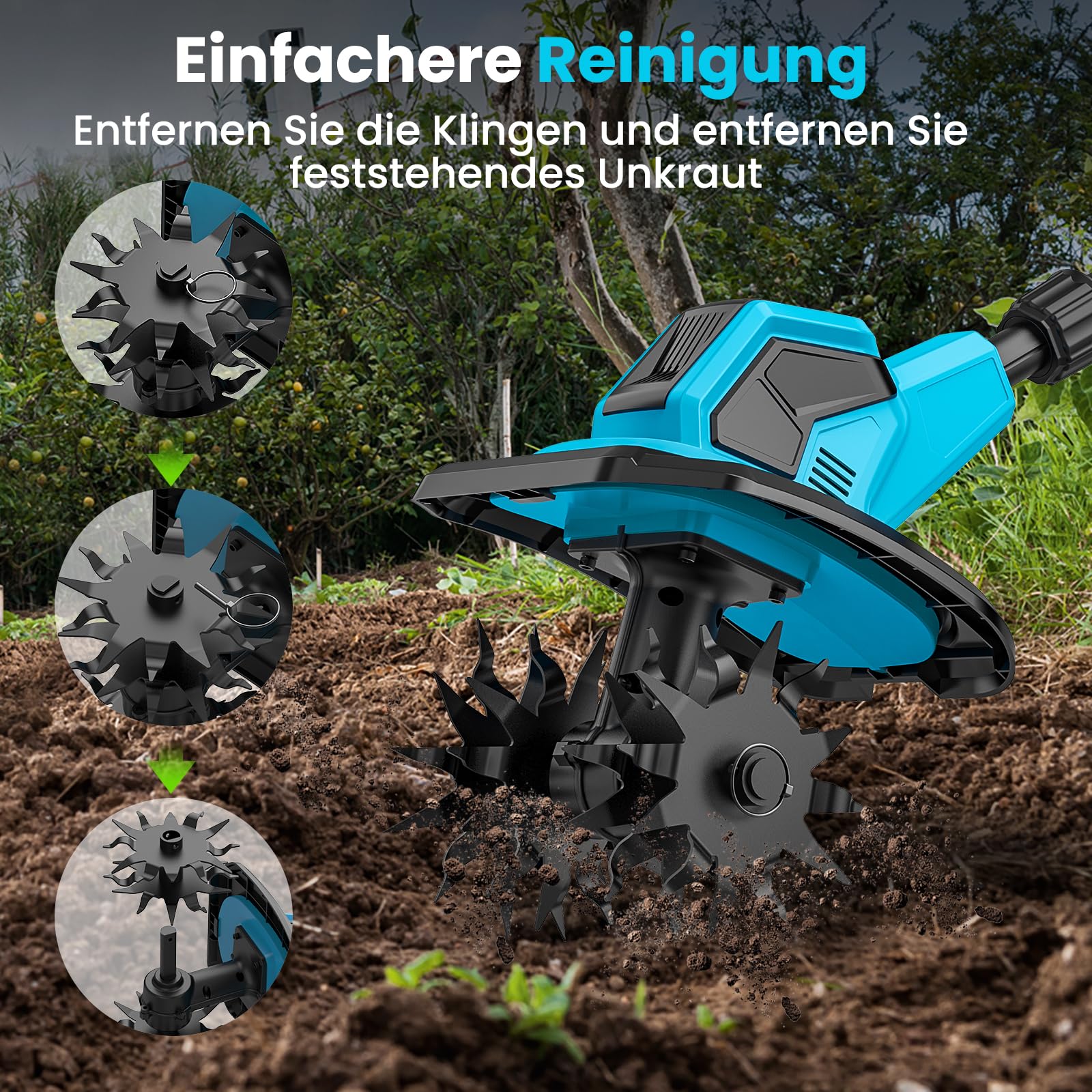 Akku-Bodenhacke für Makita 18V Batterie, 550W Gartenfräse Akkus, 20cm Bodenbearbeitungstiefe,15cm Bearbeitungsbreite, 360RPM, Klappbar Gartenfräse Elektrisch (2 Akku)