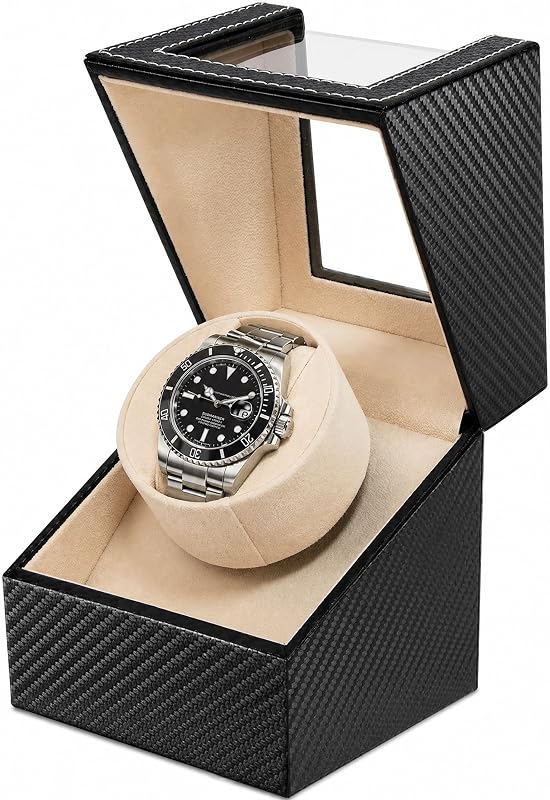 Enrollador de relojes para relojes automáticos: Caja enrolladora automática de un solo reloj | Motor silencioso japonés, diseño antimagnético, USB-C o alimentación por batería, almohada ajustable, fibra de carbono beige, regalo para hombres