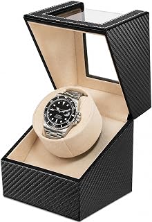 Enrollador de relojes para relojes automáticos: Caja enrolladora automática de un solo reloj | Motor silencioso japonés, diseño antimagnético, USB-C o alimentación por batería, almohada ajustable, fibra de carbono beige, regalo para hombres