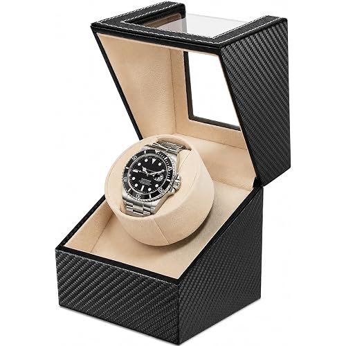 UnaMela Watch Winder for Automatic Watches: Automatic Single Watch Winder Box with Japanese Quiet Motor, Rotating Watch Case, Gifts for Men & Collectors (Beige Carbon Fiber)