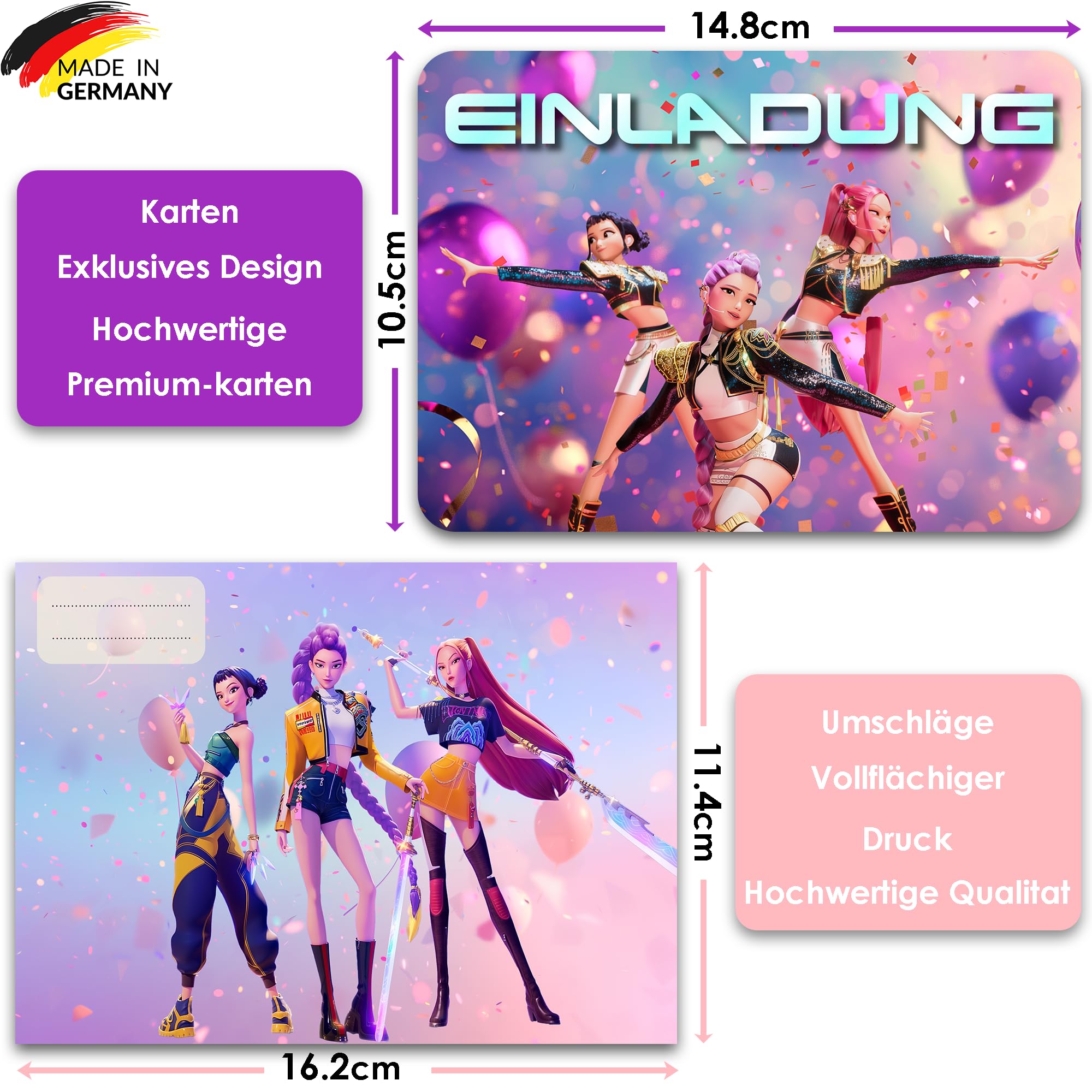 12 Demon Hunter Kpop Tanz Einladungskarten - Mit Umschlägen Für Kindergeburtstag Auf Deutsch