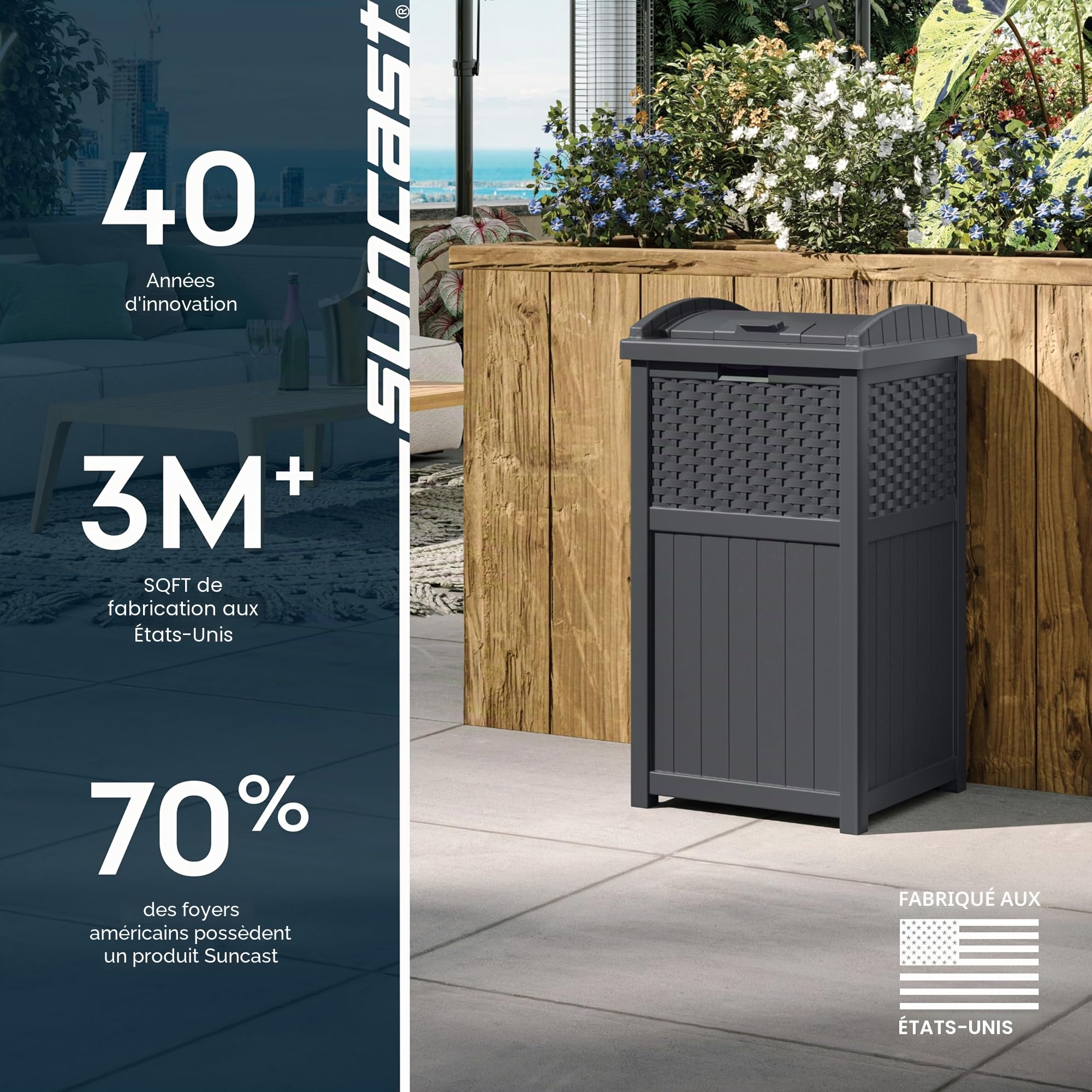 Suncast Poubelle cachée de style osier avec couvercle à verrouillage sécurisé et construction résistante aux intempéries pour terrasse, fabriquée aux États-Unis, 125 L, gris (Cyberspace Grey)