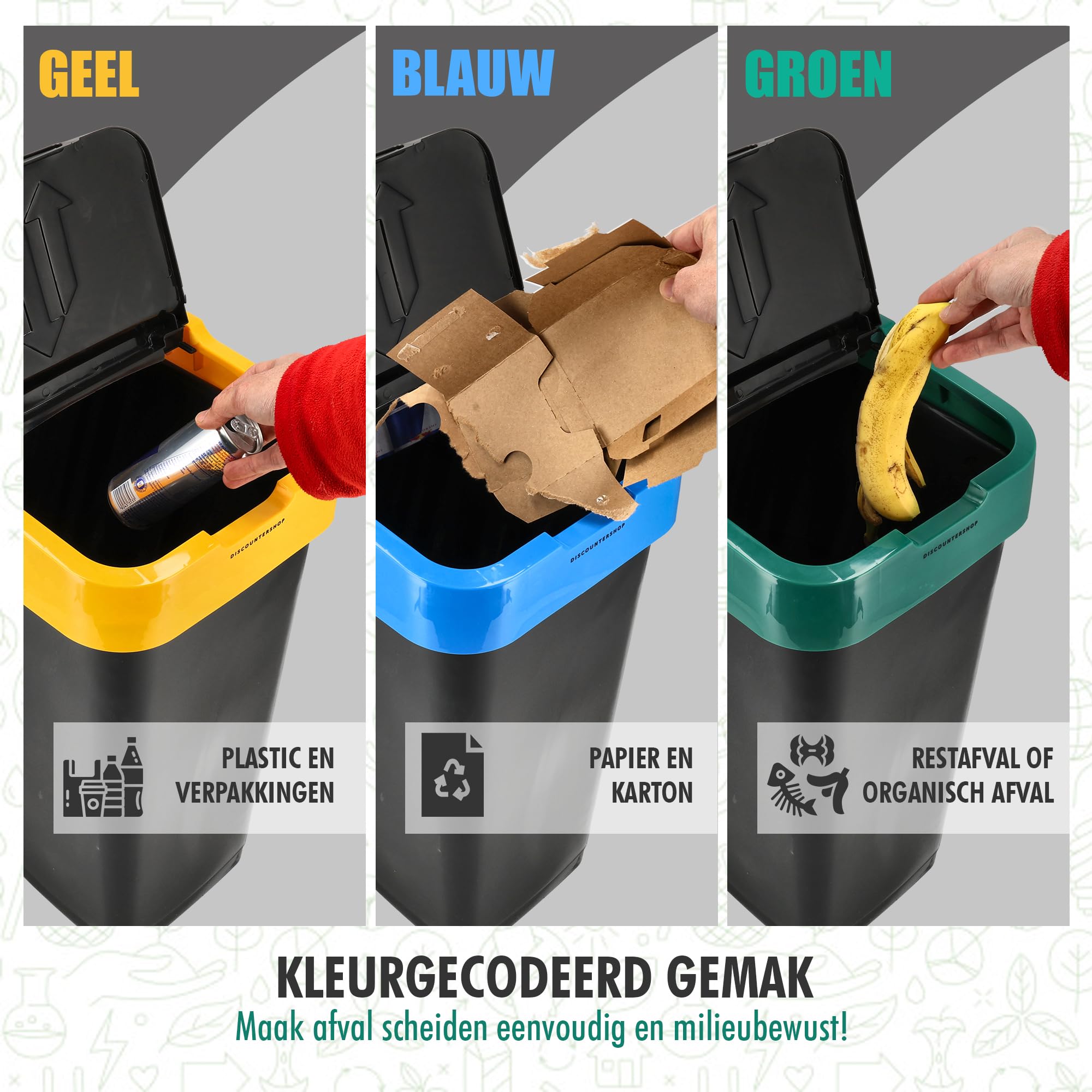 Abfall Sortierbehälter Set von 3-60L Recyclingbehälter mit Schaukeldeckel - Farbcodiertes Trennsystem - Kunststoff Abfalltrennbehälter für Küche und Bad