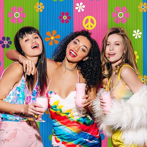 Miniatura 4 de Paquete de 2 cortinas de flecos de papel de aluminio hippie Groovy para decoración de fiestas, 3.3 x 6.6 pies, estilo retro, teñido anudado, telón