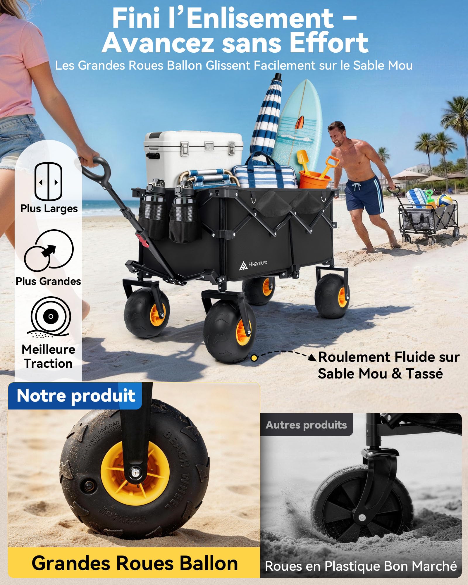 HIKENTURE Chariot de Plage Pliable 135 L, Grosses Roues Ballon 190 mm × 100 mm - Chariot Pliable Tout-Terrain - Charge 150 KG - Chariot de Transport pour Plage, Camping, Courses ou Jardin
