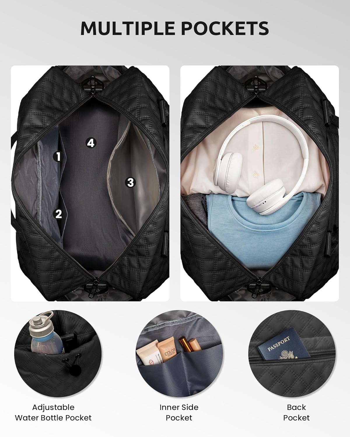 Initial Duffle Bag with Shoe Compartment, Personalized Weekender Bag with Shoulder Strap, Overnight Bag for Women with Trolley Sleeve & Wet Pocket, Travel Bag with Makeup Bag (Letter E) - Image 5