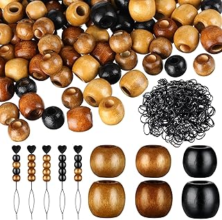 Dingion 1055 Pieces Wooden Hair Beads Set - 600 Barrel Wood Beads (9x10mm, 11x12mm, Black, Coffee, Light Coffee) & 450 Black Elastic Hair Bands with 5 Quick Beaders