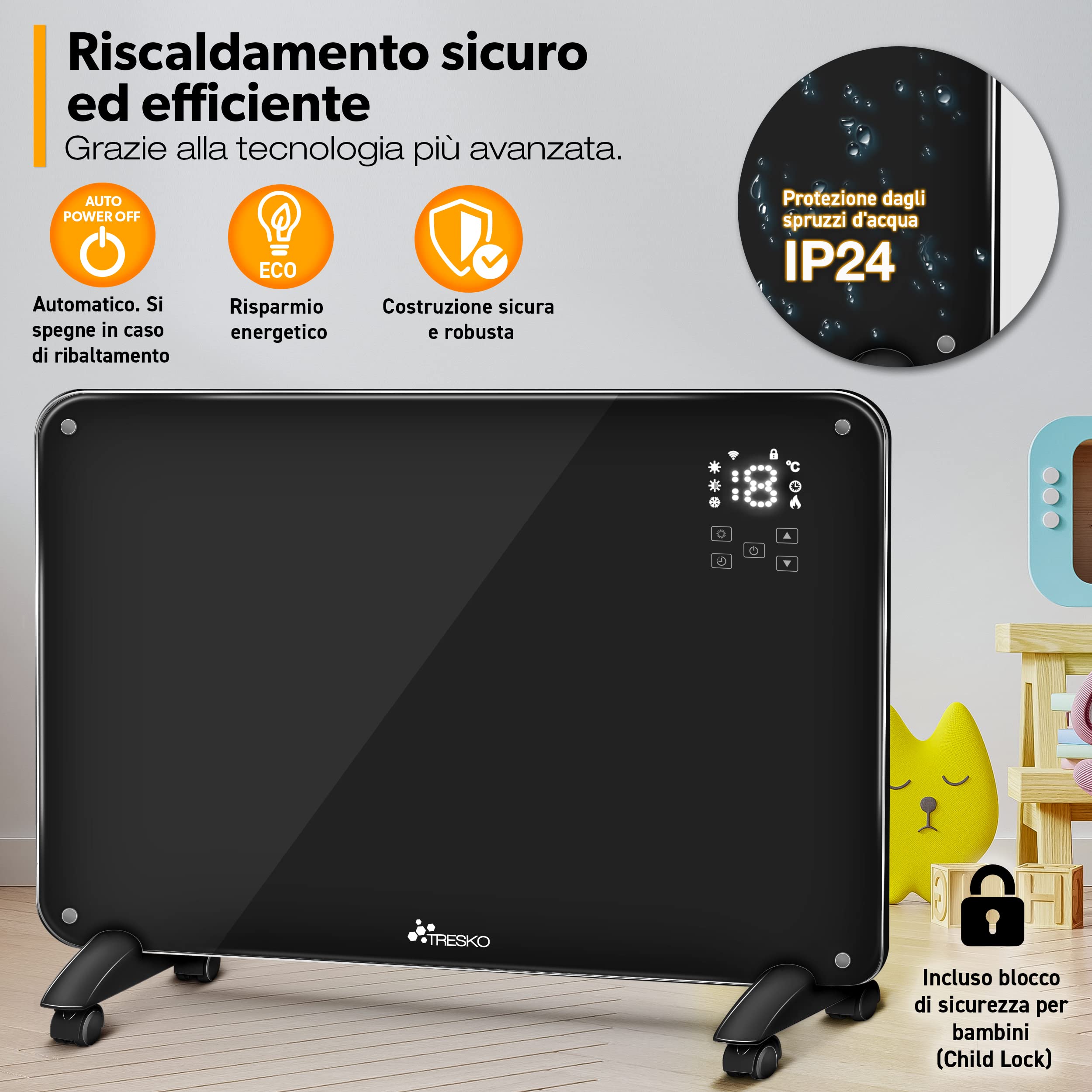 TRESKO Termoconvettore in vetro da 2000 W, APP WiFi, riscaldatore elettrico con telecomando, termoconvettore in vetro Touch e display LCD, riscaldamento elettrico a pavimento o a parete (nero)
