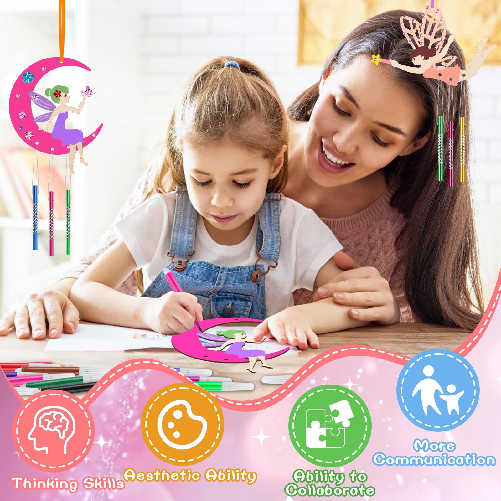 WuGU Kits Bricolage, 12 Pcs Carillon à Vent en Bois, Fée Carillon à Vent, Loisirs Créatifs pour Filles, DIY Artisanat pour Activités Manuelles pour Enfants, Cadeau Anniversaire 3 4 5 6 7 8 9 Ans