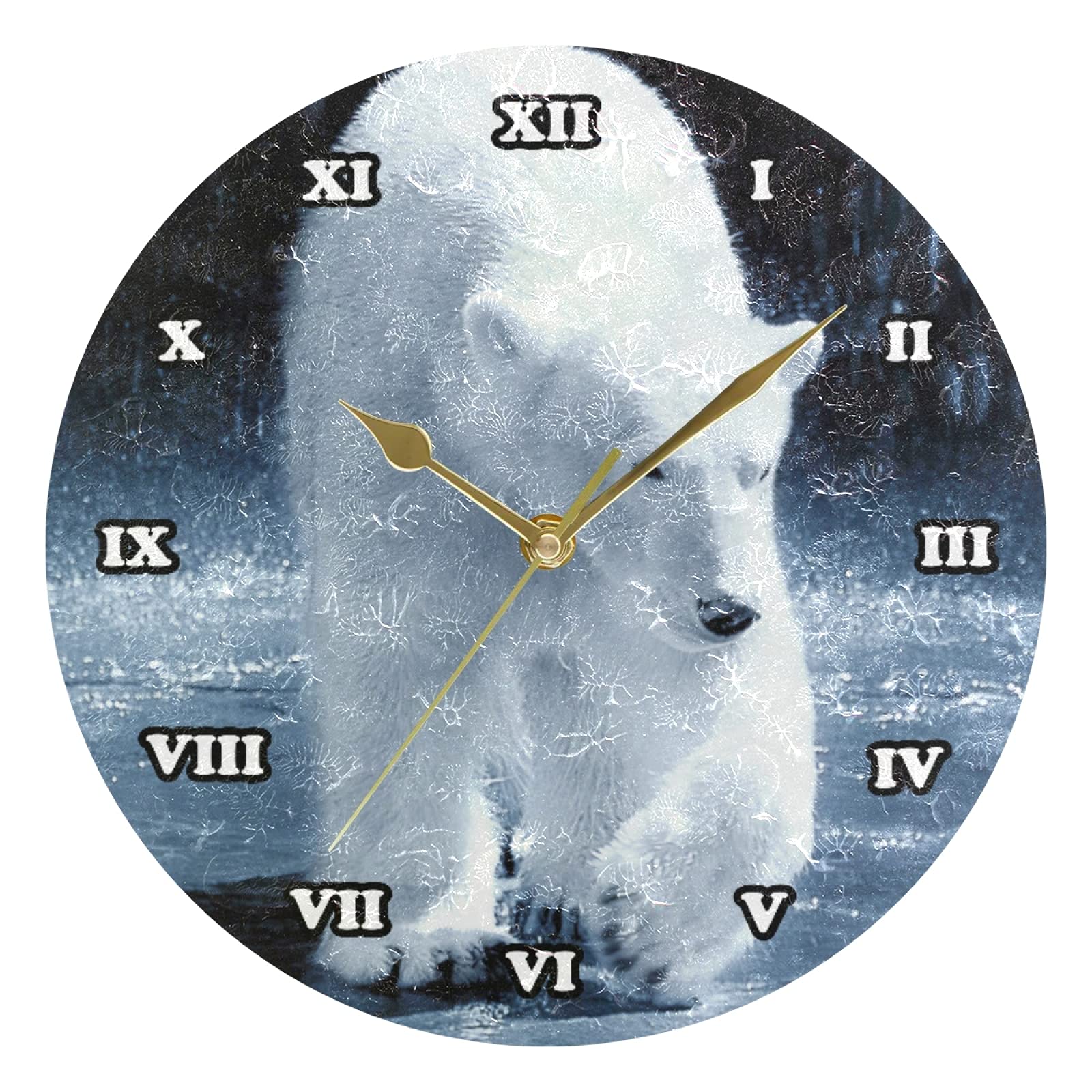 Oyihfvs White Bear On Ice Wall Clock, Gold Hands Silent Non-Ticking Easy to Read Round Decorative Wall Clock Art for Home Office School 9.5" in Diameter