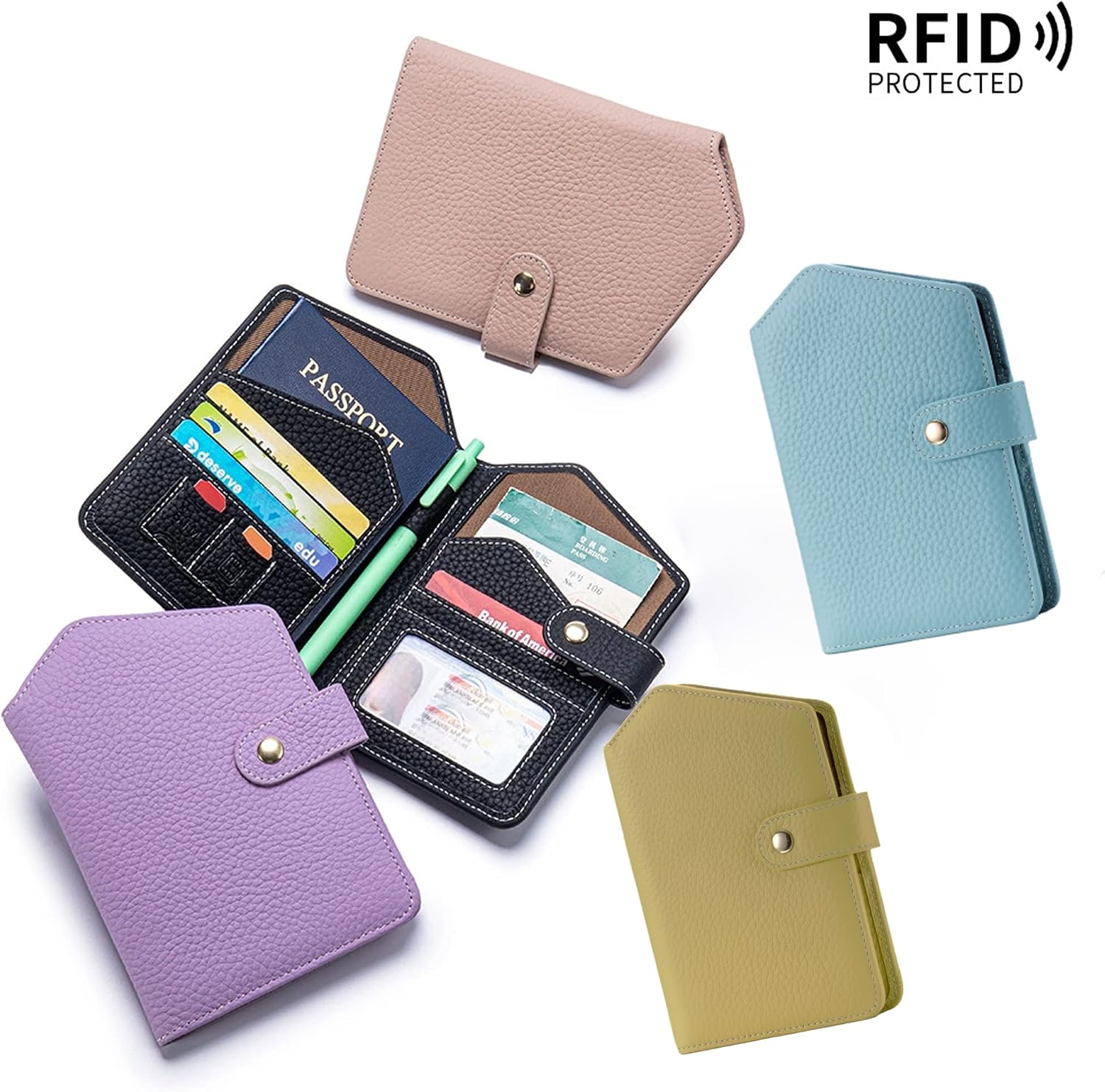Cute RFID Passport Wallet for Women Leather Slim Passport Holder Travel Wallet Cover with Zipper Coin Purse, Credit Card, Sim and Tticket Slots (Pink)