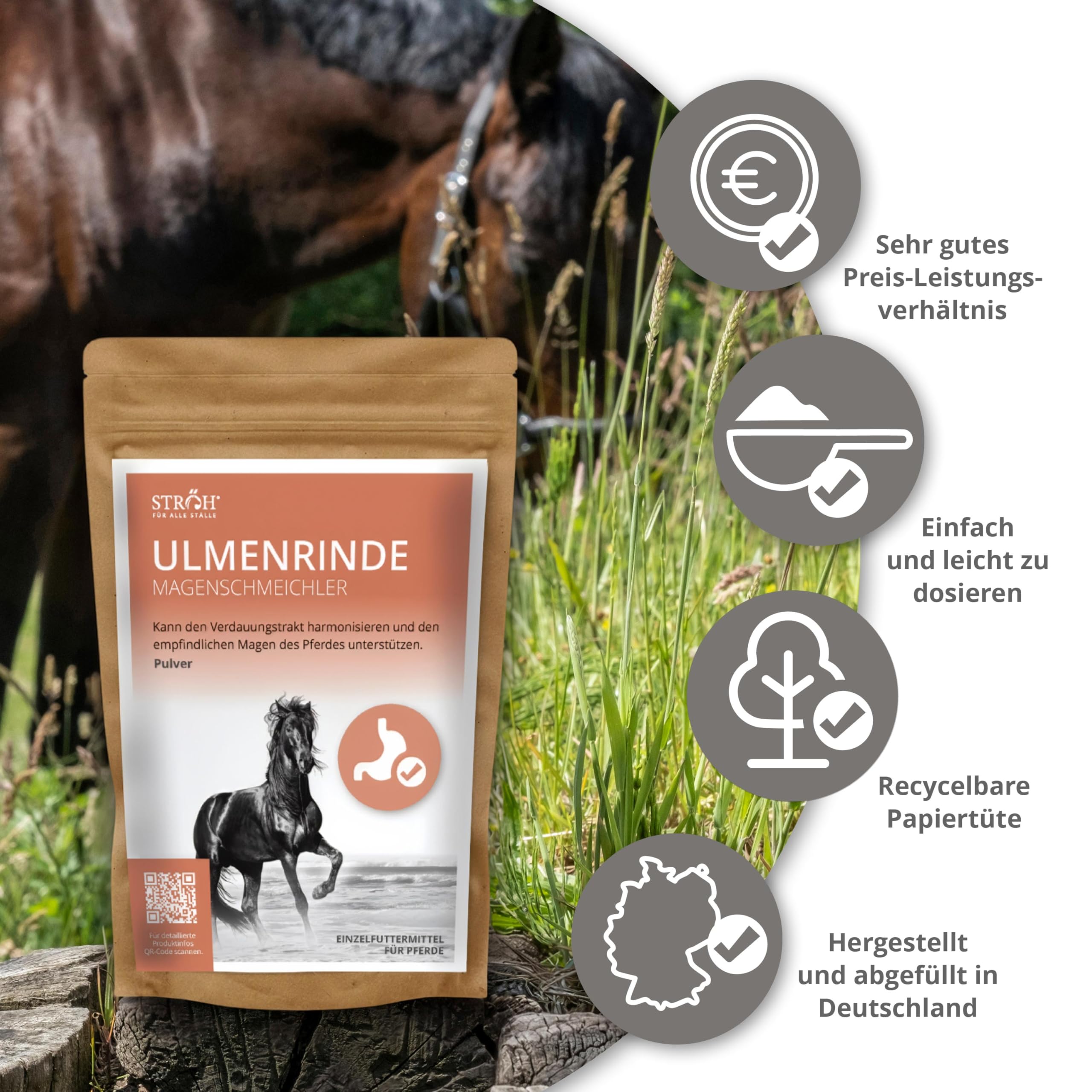 STRÖH Ulmenrinde Pulver für Pferde (300g) • Natürliche Unterstützung für Magen und Darm • Fein gemahlen • Magenschmeichler Pferd • Zusatzfutter Pferde • Naturprodukt+C11:E11