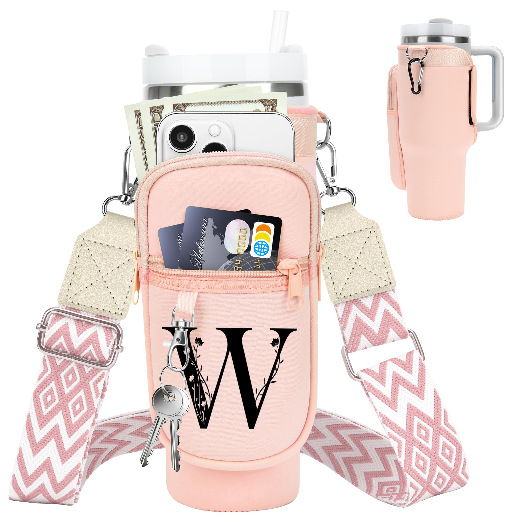 Initial Water Bottle Holder with Strap for Stanley Cup 40 oz Tumbler