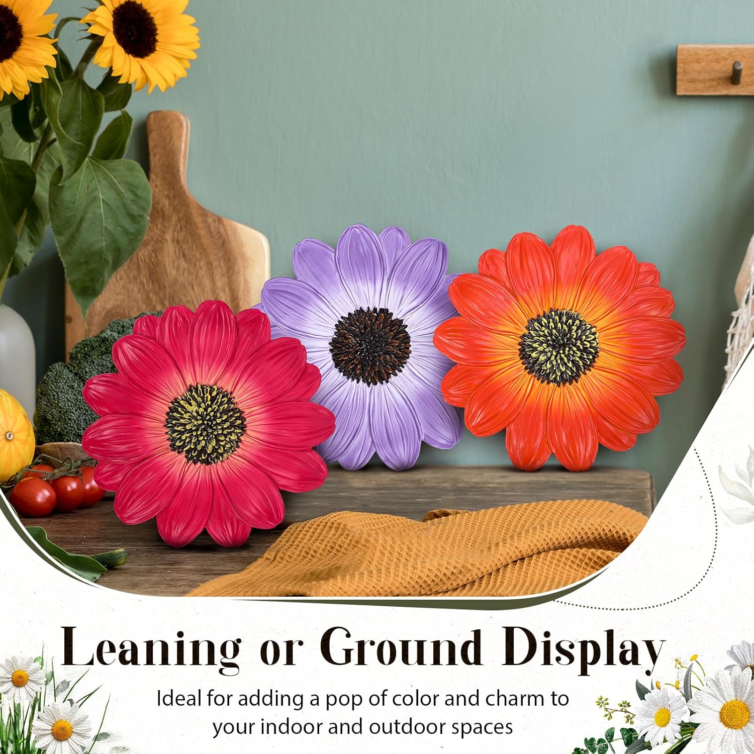 Cinnvoice 3 Pack Garden Stepping Stone Outdoor, Decorative Dimensional Resin Stepping Stones for Patio Pathway Landscaping Walkway Sculpture Yard Backyard Lawn(Daisy,10 Inches)