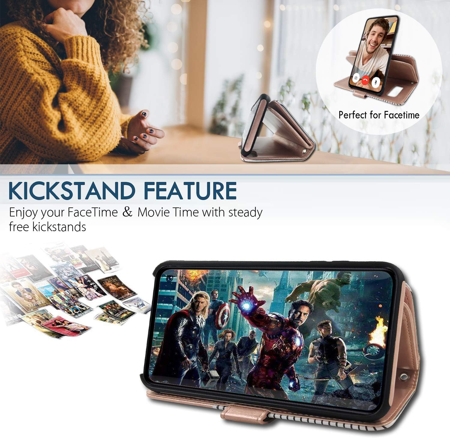 CASEOWL Galaxy S10 Plus Cases,Magnetic Detachable Lanyard Wallet Case with [8 Card Slots+1 Photo Window][Kickstand] for Galaxy S10 Plus,2 in 1 Premium Leather Removable TPU Case(White&Rose Gold)
