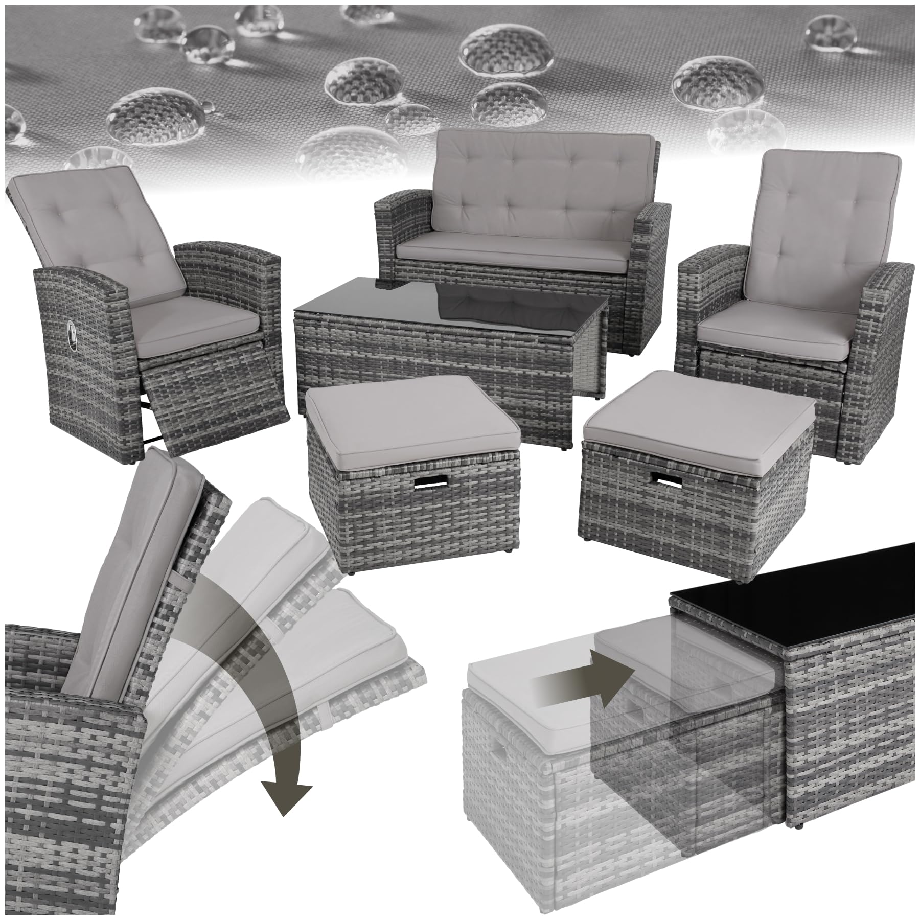tectake® Salon de Jardin Exterieur Lounge en Poly Rotin 6 Places 1 Canapé 2 Fauteuil Salon 2 Tabouret Pouf et 1 Table de Jardin, Dossier inclinable Mobilier de Jardin pour Amenagement Balcon