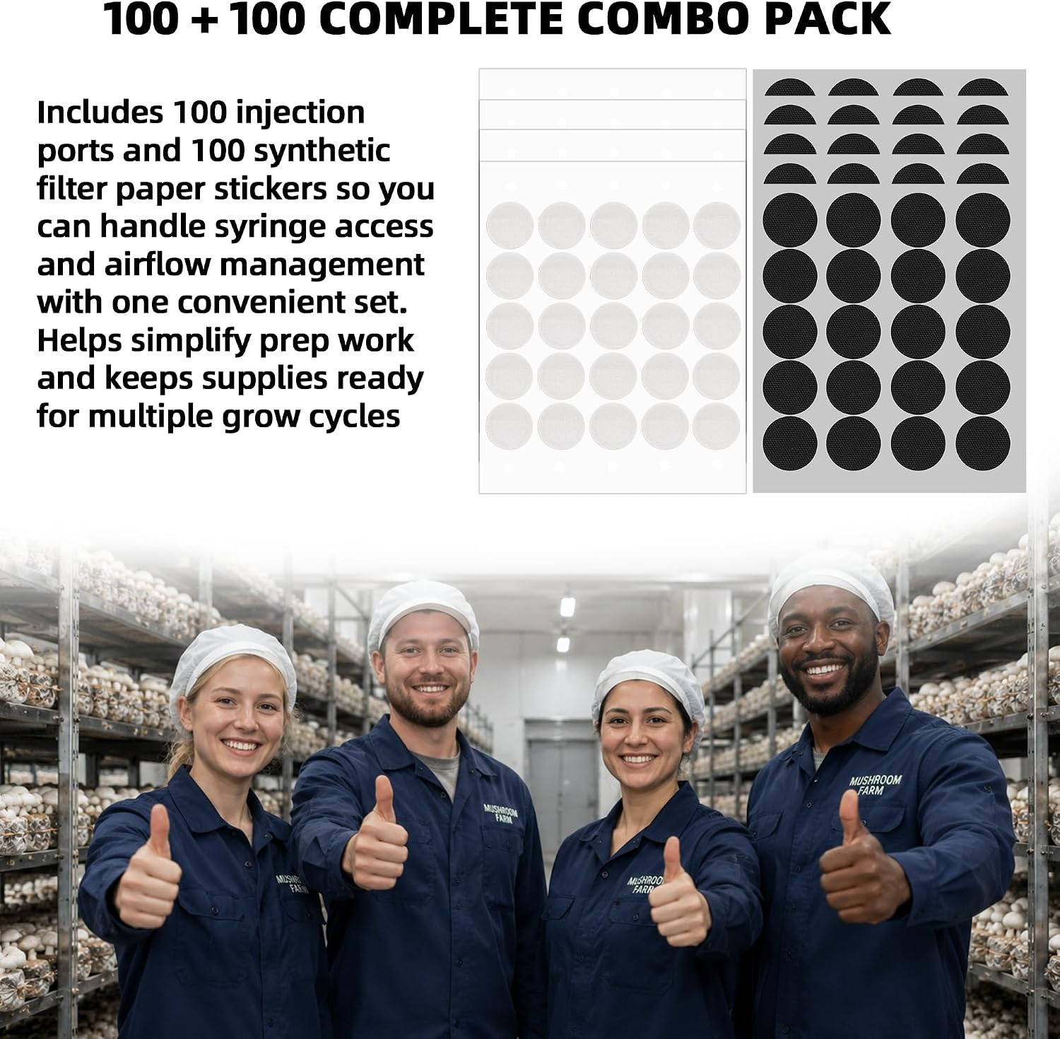 TonGass 100+100-Pcs Mushroom Grow Bag Kit, 100-Pcs Injection Ports for Mushroom Spawn Bags + 100-Pcs Synthetic Filter Paper Stickers for Grain Spawn Bags Mason Jars Substrate Bag