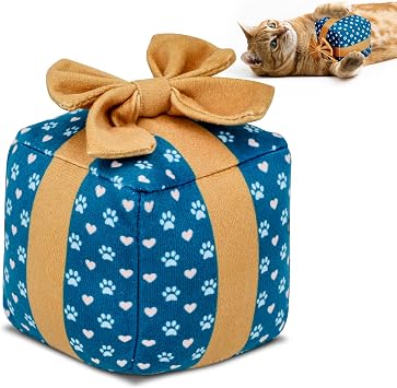 PUPROAR Gift Box Cat Birthday Toy, Plush Catnip & Crinkle Gift for Indoor Cats