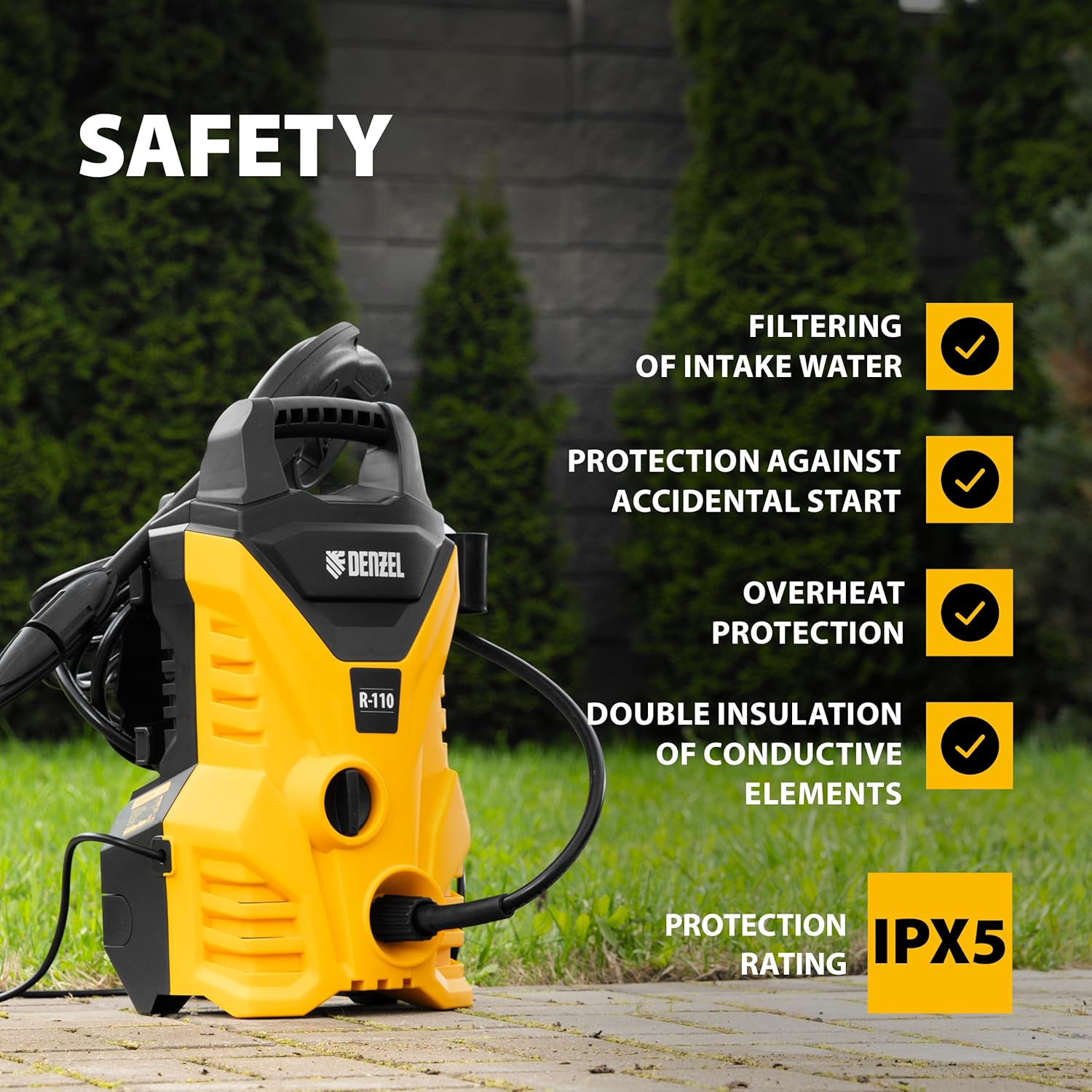 DENZEL R-110 High-Pressure Washer highlighting safety features like filtering of intake water and overheat protection