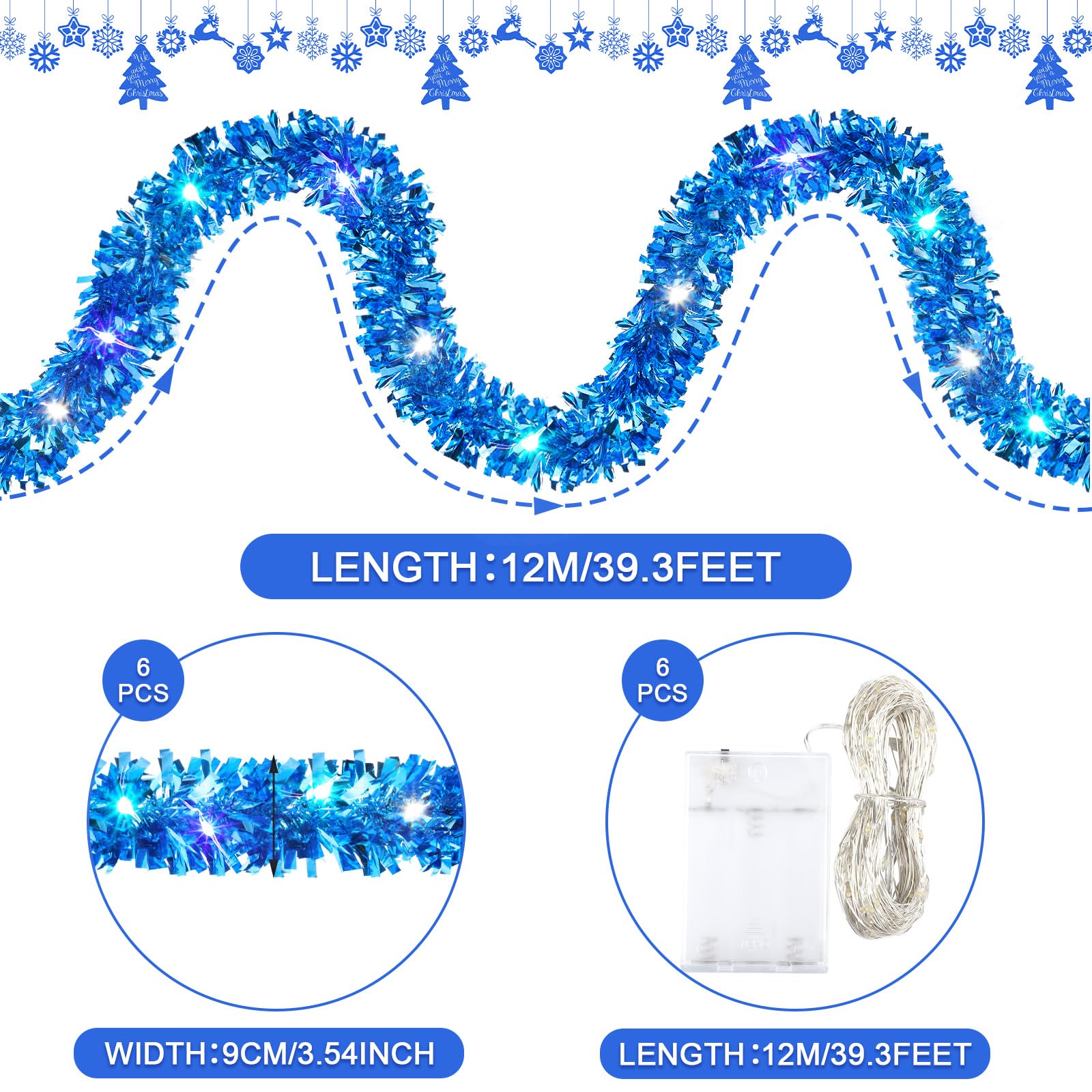 Hotop Guirnalda de oropel de 39.5 pies, guirnalda iluminada de Navidad, guirnalda metálica con purpurina LED con 180 luces para interiores y exteriores, decoraciones de Navidad de invierno (azul)