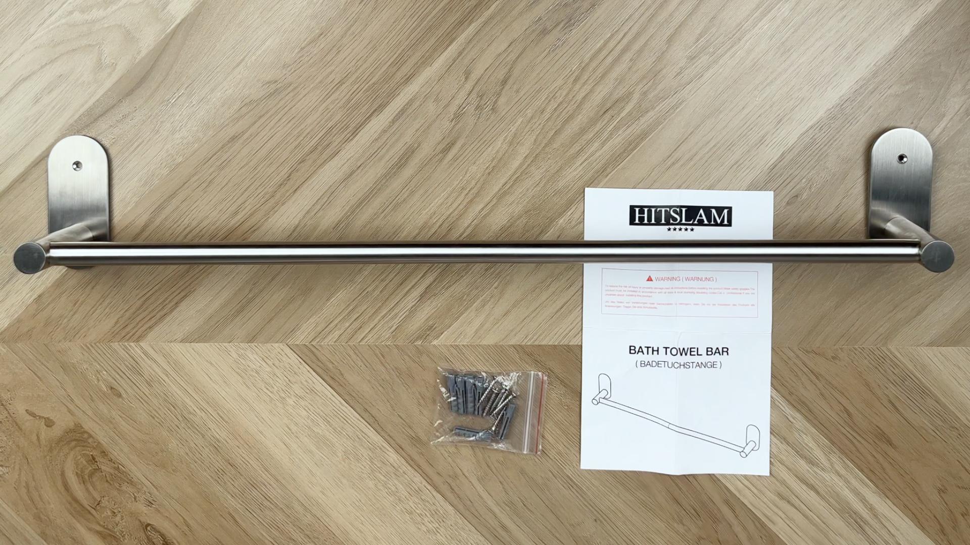 HITSLAM 18-Inch Self-Adhesive Towel Bar – SUS304 Stainless Steel, Brushed Nickel, No-Drill Or Screw Mount, For Bathroom & Kitchen